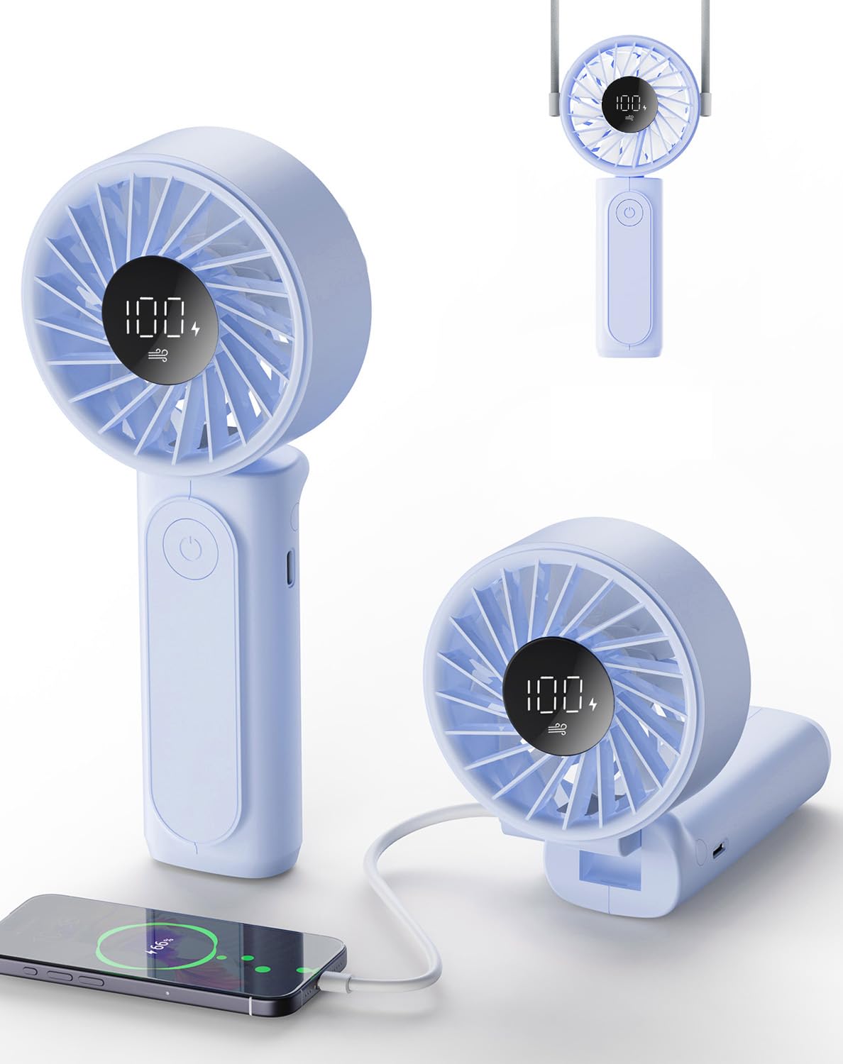 Peiyuu Handheld Fan, Portable Fan, 4000mAh Rechargeable Personal, 180° Foldable Mini Desk Fan with 6 Wind Speed, LCD Digital Display, Lanyard as Neck, Ultra Quiet, Pocket Size for Indoor Outdoor
