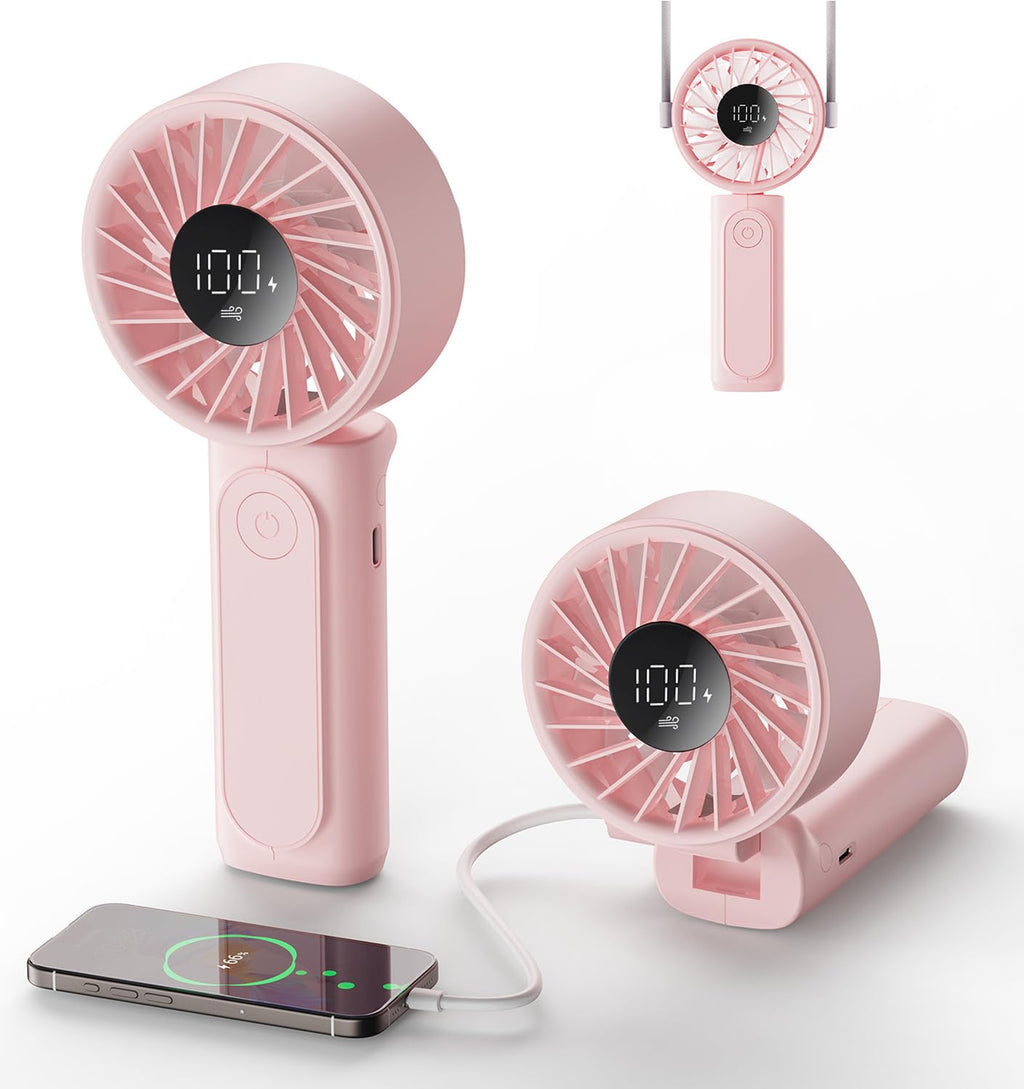Peiyuu Handheld Fan, Portable Fan, 4000mAh Rechargeable Personal, 180° Foldable Mini Desk Fan with 6 Wind Speed, LCD Digital Display, Lanyard as Neck, Ultra Quiet, Pocket Size for Indoor Outdoor
