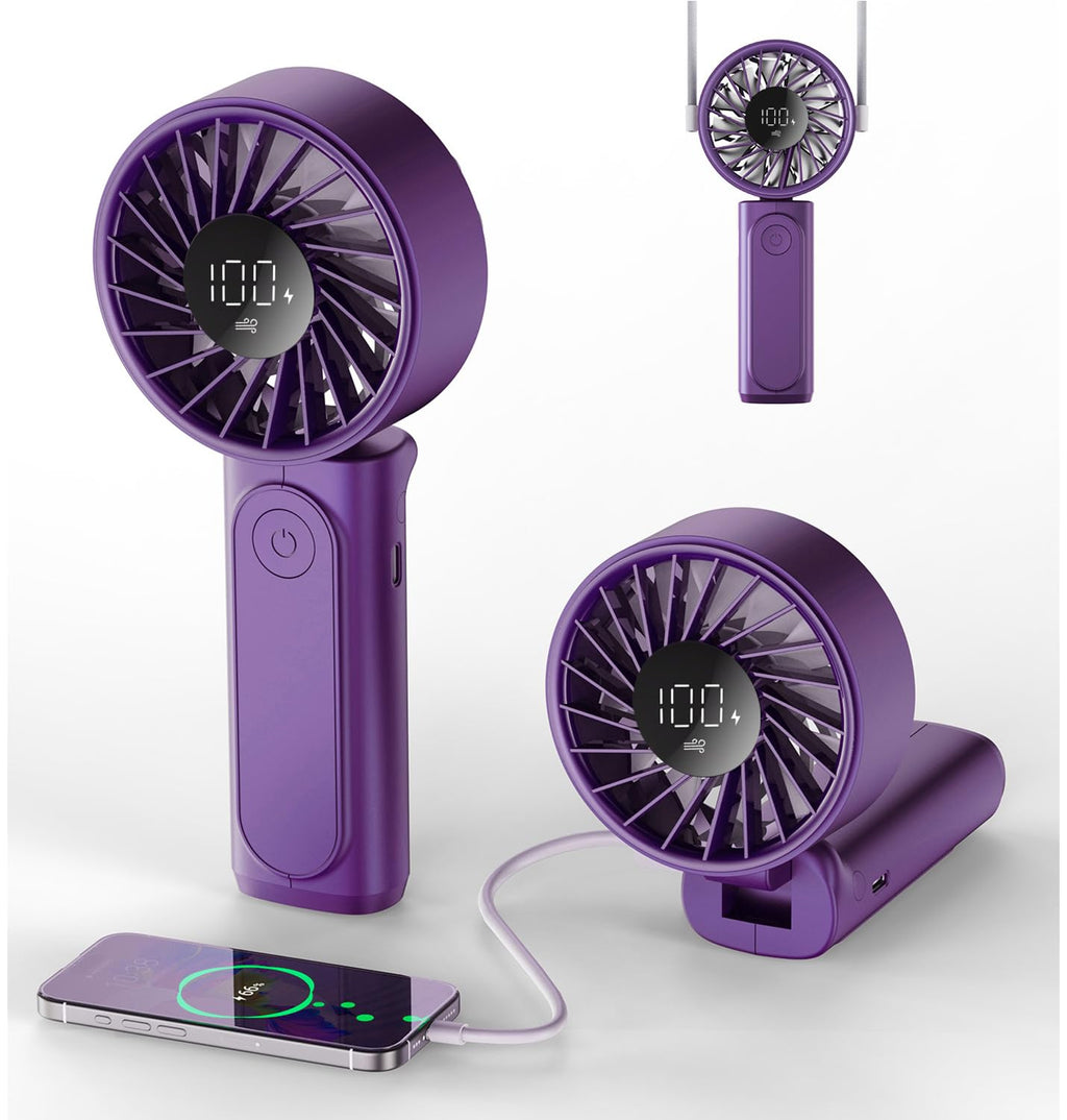 Peiyuu Handheld Fan, Portable Fan, 4000mAh Rechargeable Personal, 180° Foldable Mini Desk Fan with 6 Wind Speed, LCD Digital Display, Lanyard as Neck, Ultra Quiet, Pocket Size for Indoor Outdoor