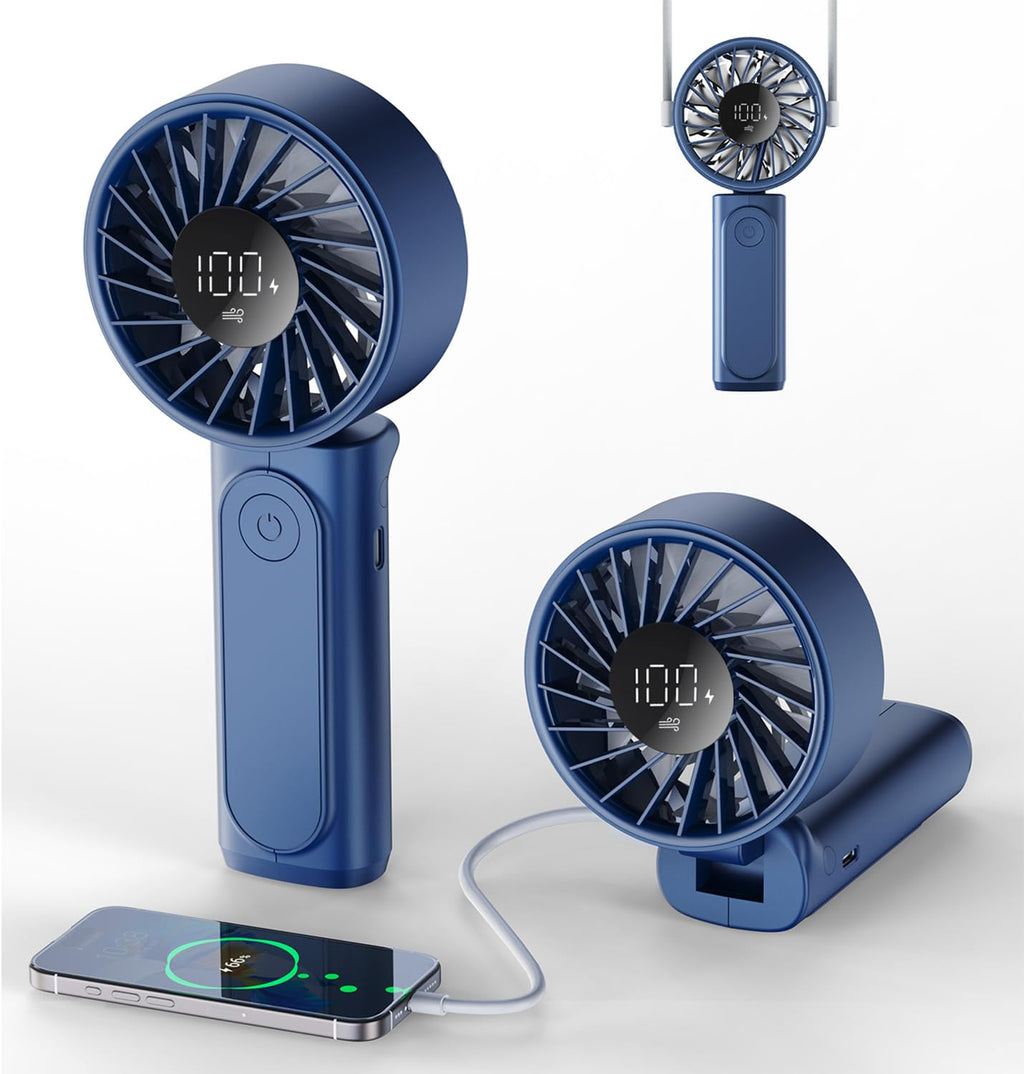 Peiyuu Handheld Fan, Portable Fan, 4000mAh Rechargeable Personal, 180° Foldable Mini Desk Fan with 6 Wind Speed, LCD Digital Display, Lanyard as Neck, Ultra Quiet, Pocket Size for Indoor Outdoor