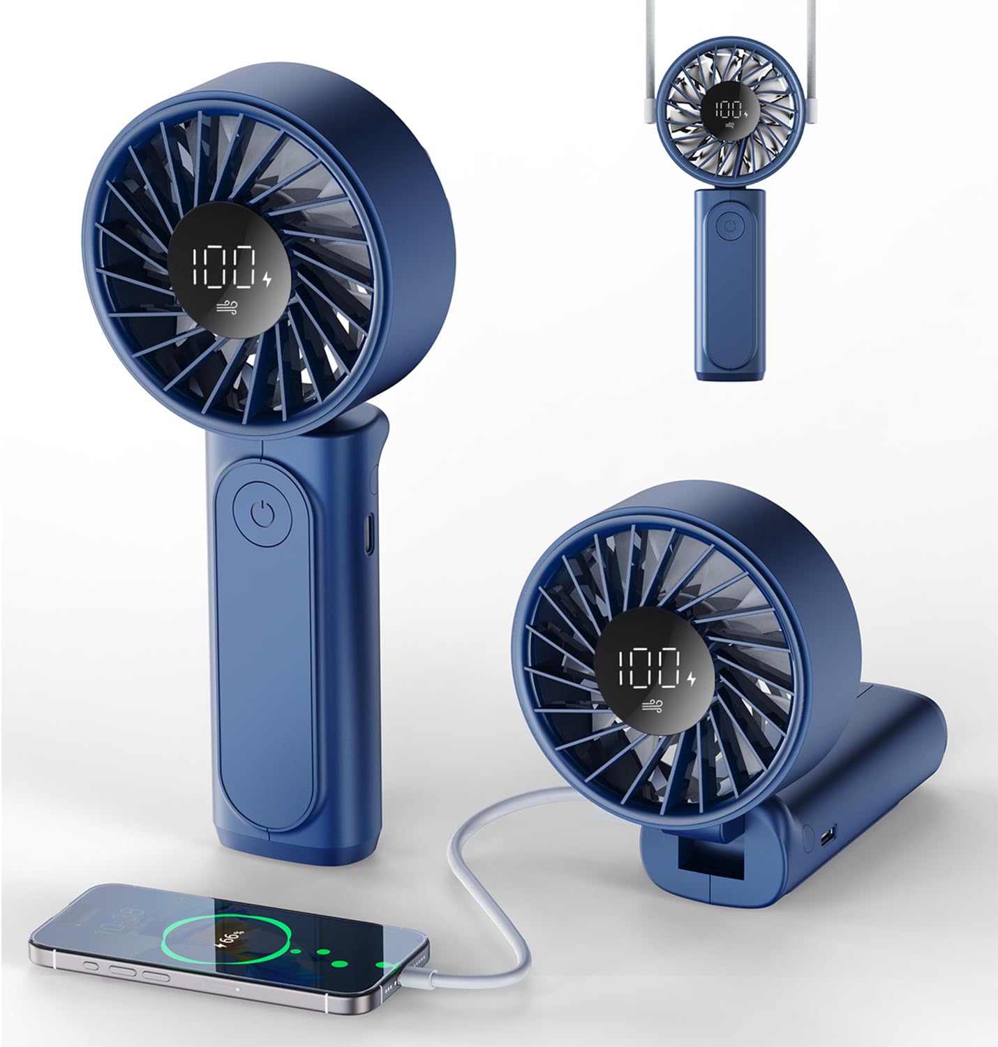 Peiyuu Handheld Fan, Portable Fan, 4000mAh Rechargeable Personal, 180° Foldable Mini Desk Fan with 6 Wind Speed, LCD Digital Display, Lanyard as Neck, Ultra Quiet, Pocket Size for Indoor Outdoor