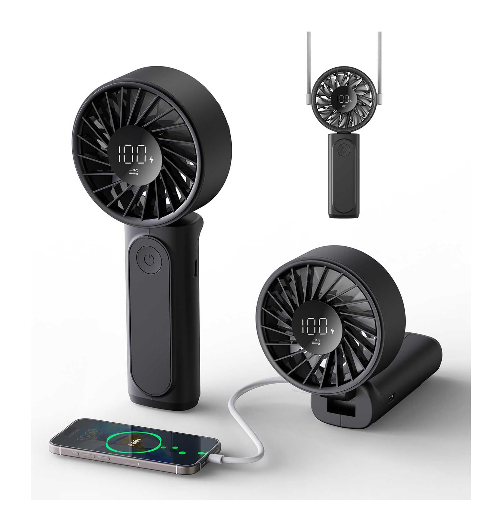 Peiyuu Handheld Fan, Portable Fan, 4000mAh Rechargeable Personal, 180° Foldable Mini Desk Fan with 6 Wind Speed, LCD Digital Display, Lanyard as Neck, Ultra Quiet, Pocket Size for Indoor Outdoor