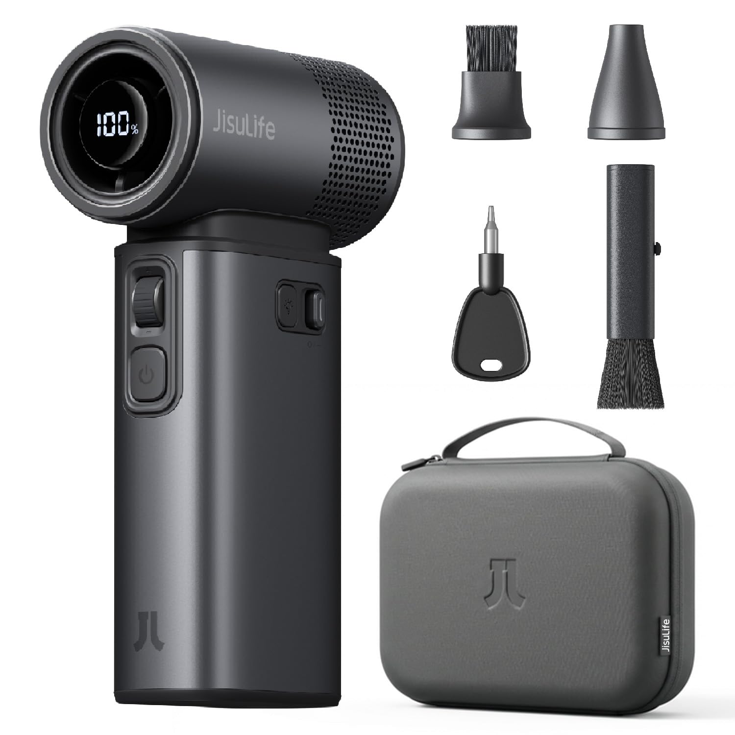 JISULIFE Portable Handheld Fan Ultra2 9000mAh, Max 25 Hrs, 5 IN 1, 100 Speed Turbo Fan, Rechargeable 18W Power Bank with Flashlight, Metal Shell Multi-Function Travel Essentials Gifts for Men-Grey