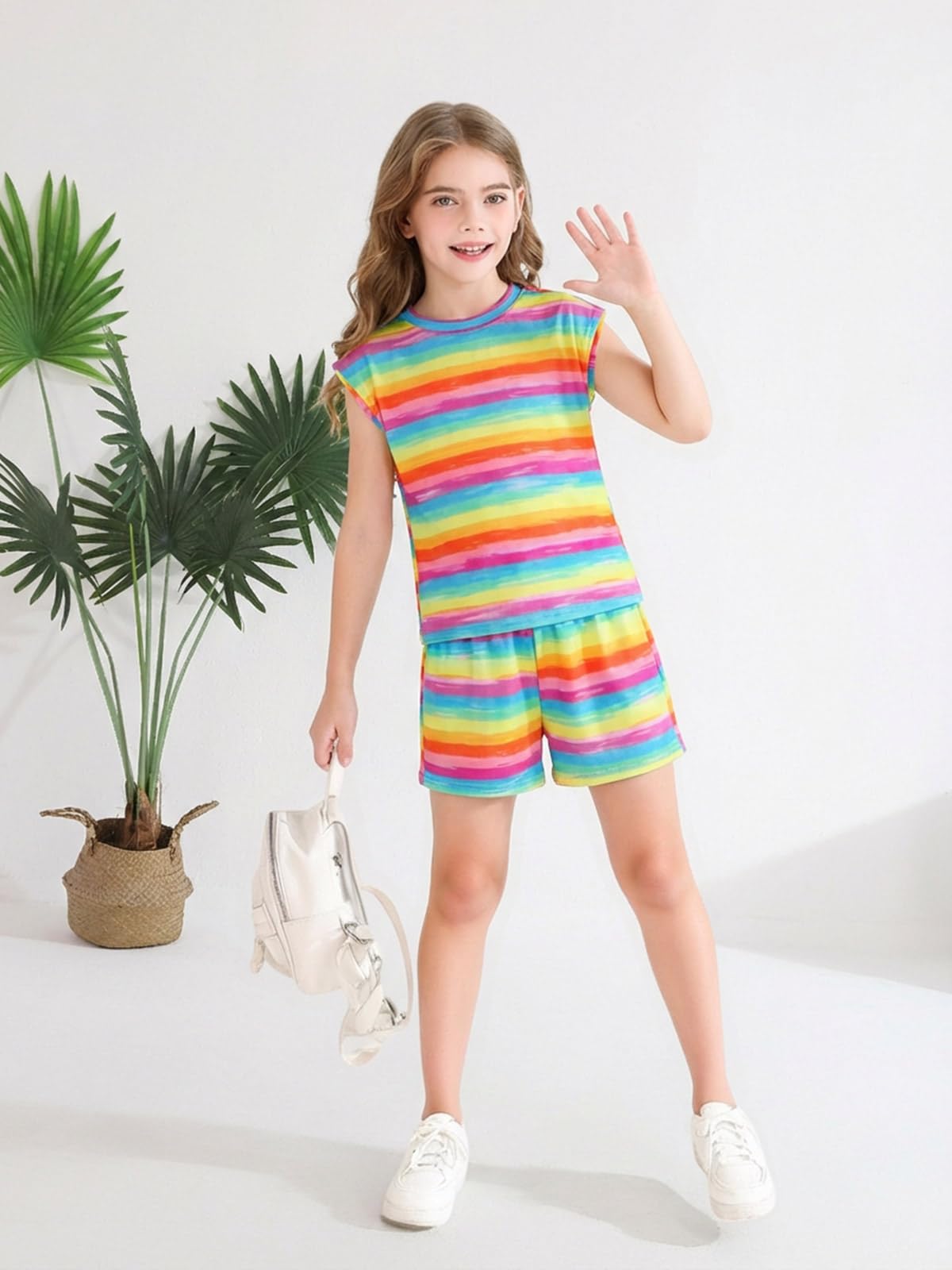 Haloumoning Girls Summer Outfits Casual Lounge Set Cap Sleeve T Shirt and Elastic Waist Shorts 2 Piece Clothing Sets
