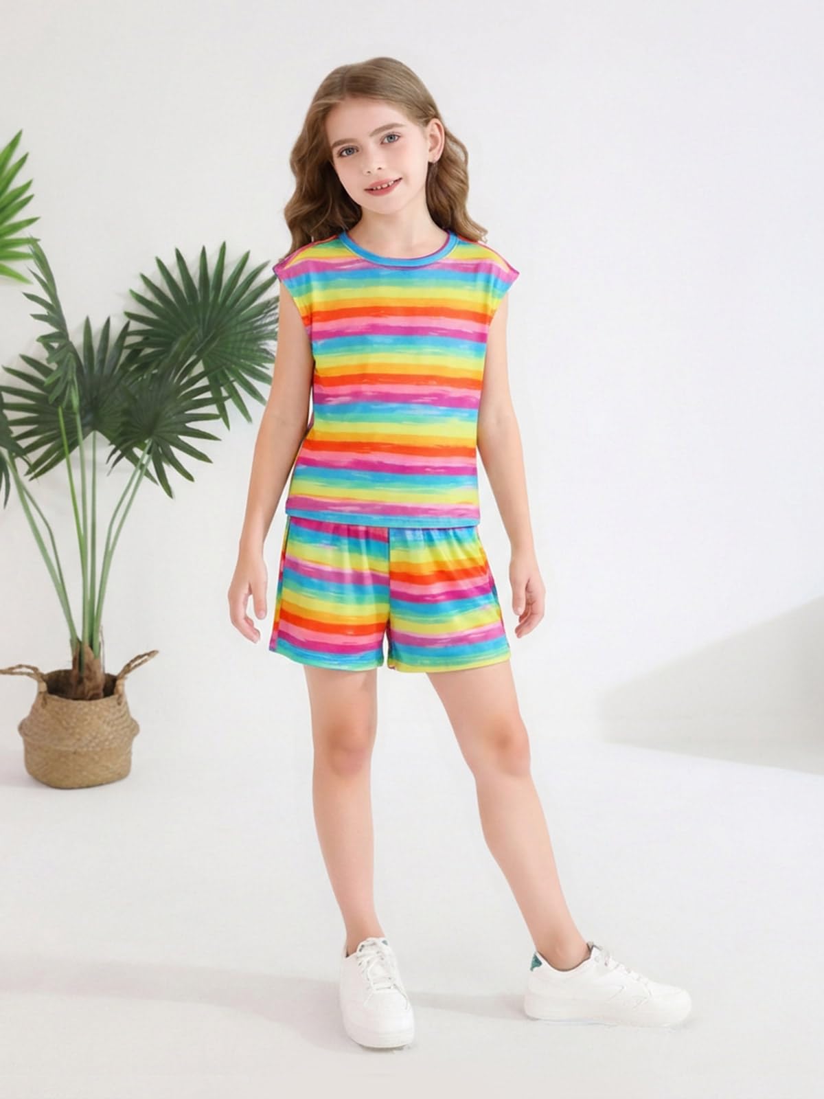 Haloumoning Girls Summer Outfits Casual Lounge Set Cap Sleeve T Shirt and Elastic Waist Shorts 2 Piece Clothing Sets