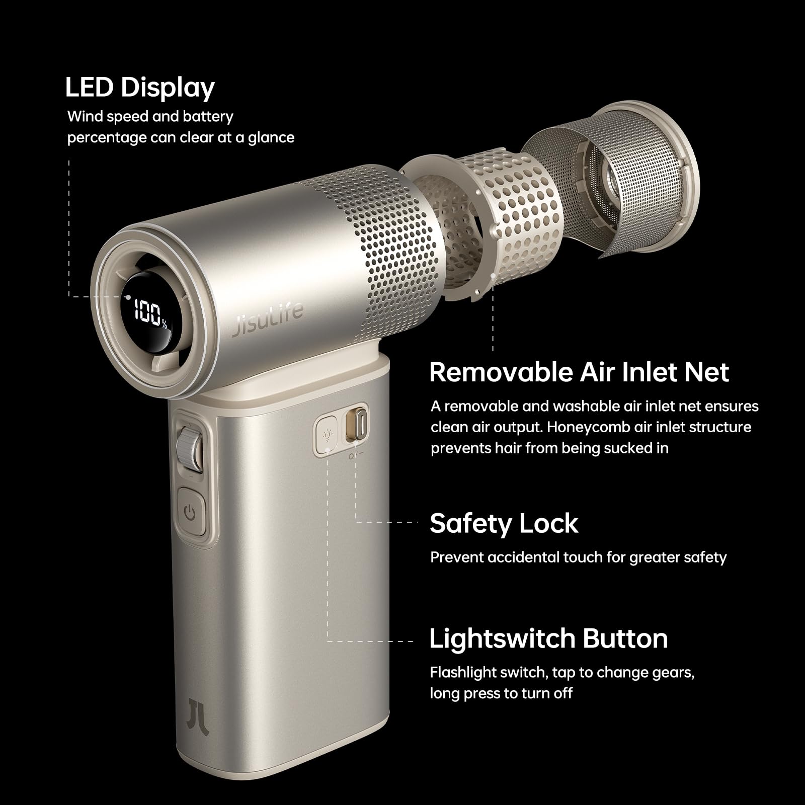 JISULIFE Portable Handheld Fan Ultra2 9000mAh, Max 25 Hrs, 5 IN 1, 100 Speed Turbo Fan, Rechargeable 18W Power Bank with Flashlight, Metal Shell Multi-Function Travel Essentials Gifts for Men-Grey