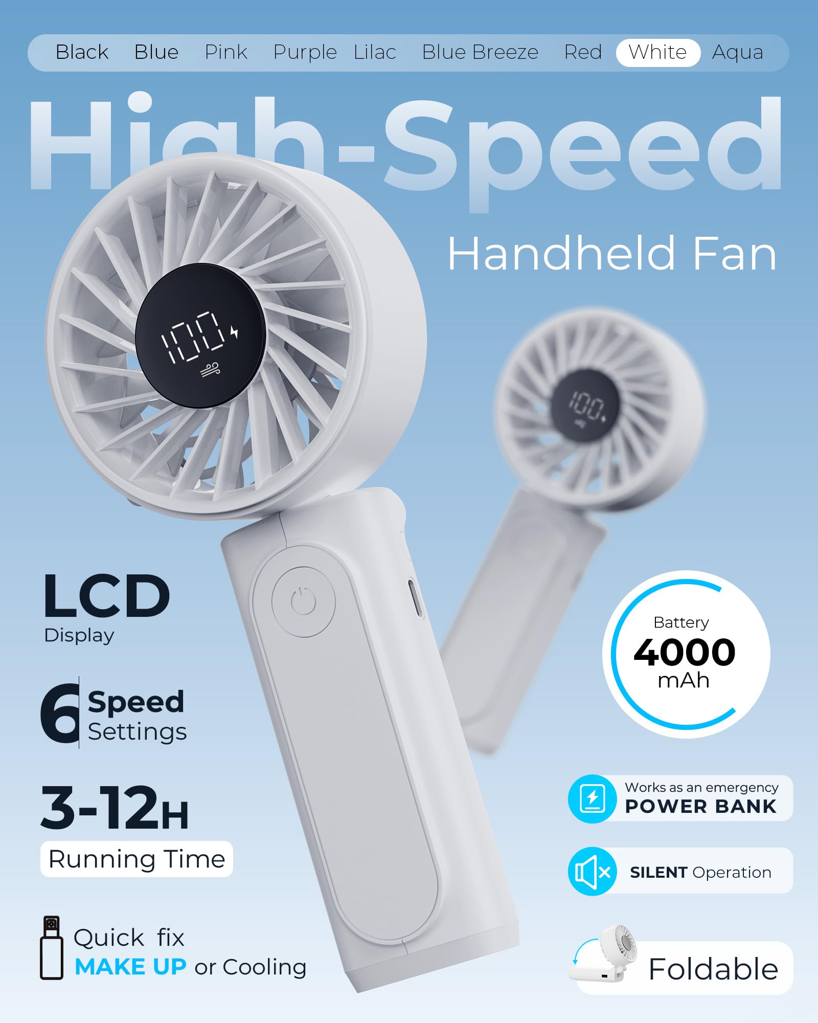 Peiyuu Handheld Fan, Portable Fan, 4000mAh Rechargeable Personal, 180° Foldable Mini Desk Fan with 6 Wind Speed, LCD Digital Display, Lanyard as Neck, Ultra Quiet, Pocket Size for Indoor Outdoor