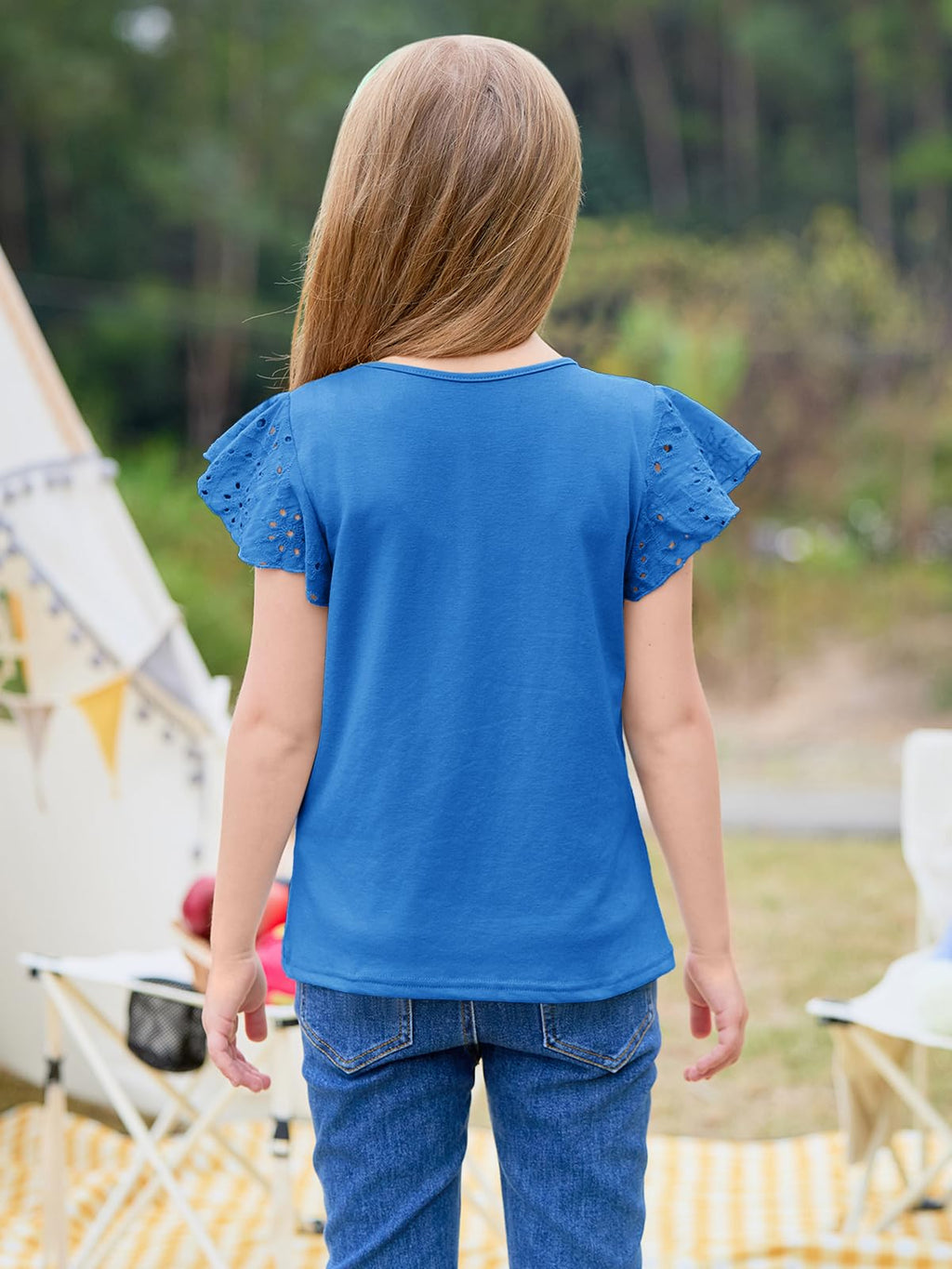 Imily Bela Girls Ruffle Sleeve Shirts Summer Crewneck Eyelet Tee Tops Casual Cute Blouse 4-15 Years