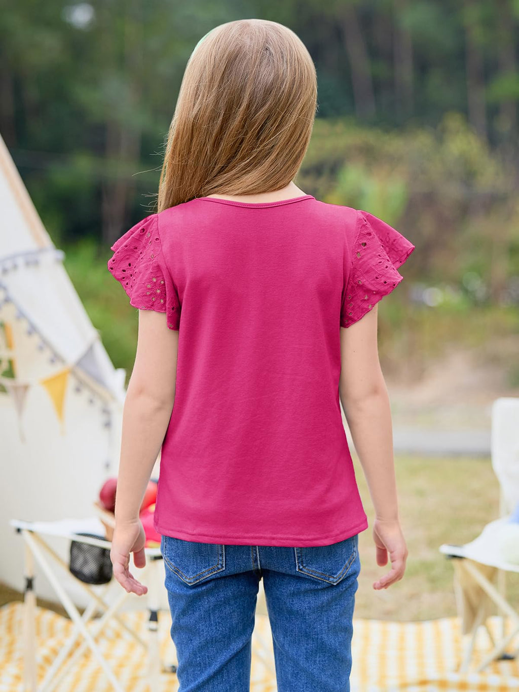 Imily Bela Girls Ruffle Sleeve Shirts Summer Crewneck Eyelet Tee Tops Casual Cute Blouse 4-15 Years