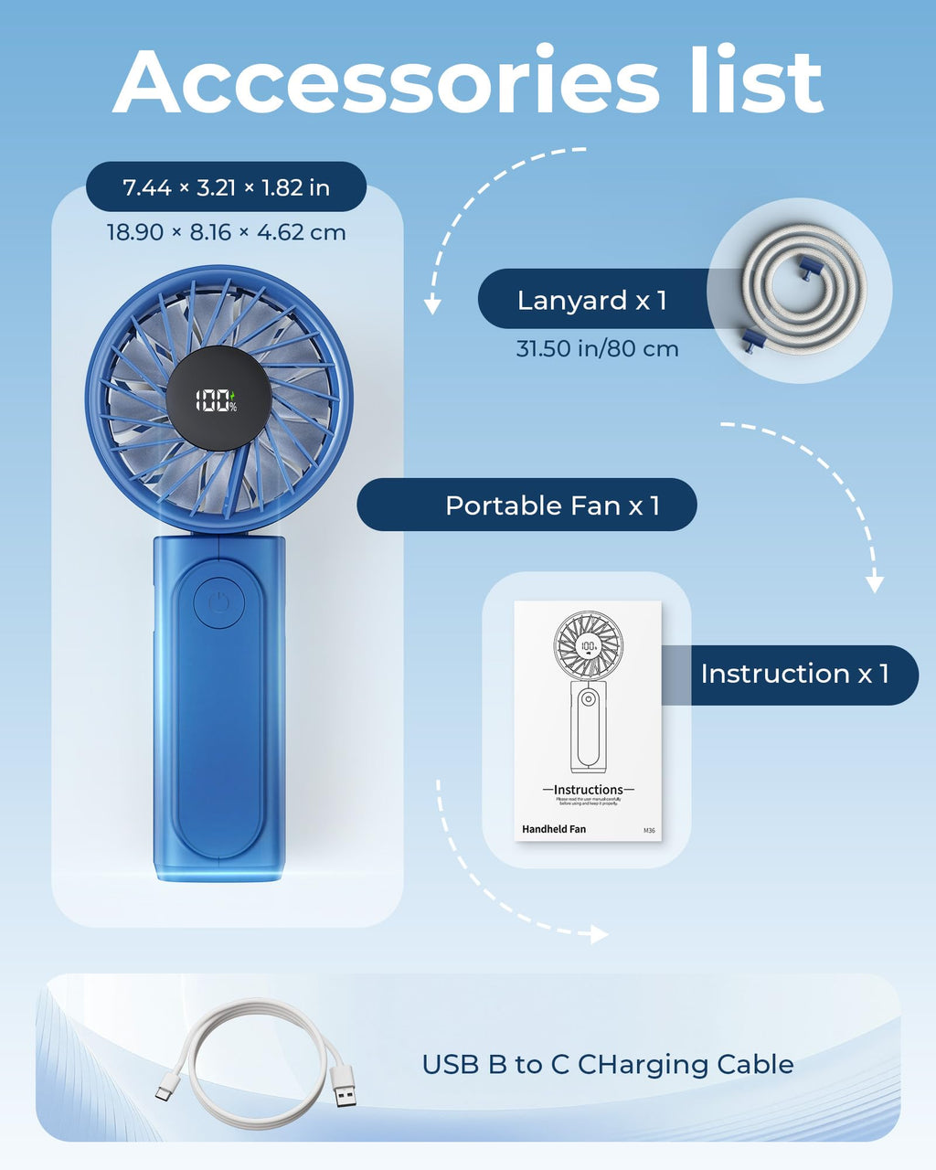 Peiyuu Handheld Fan, Portable Fan, 4000mAh Rechargeable Personal, 180° Foldable Mini Desk Fan with 6 Wind Speed, LCD Digital Display, Lanyard as Neck, Ultra Quiet, Pocket Size for Indoor Outdoor