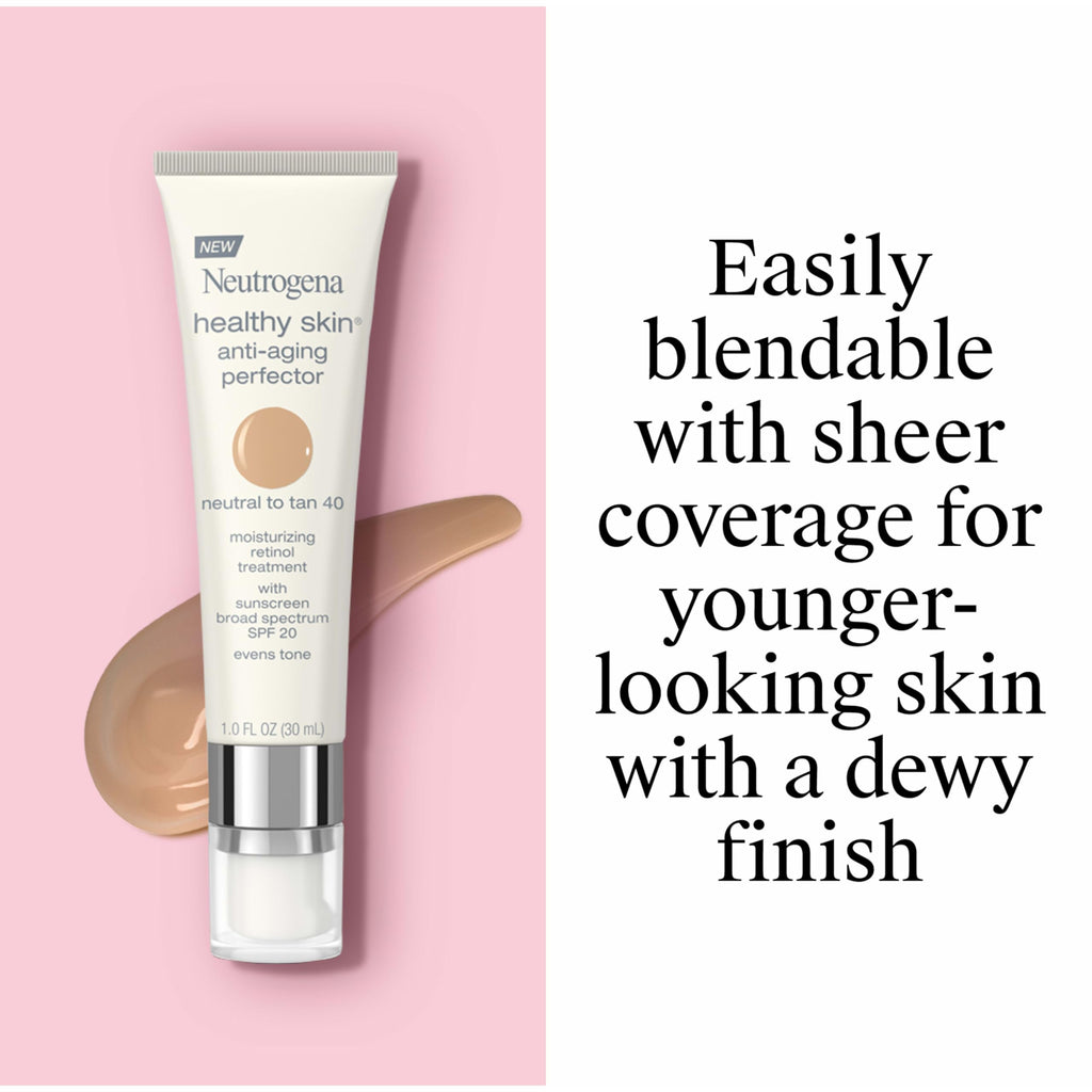 Neutrogena Healthy Skin Anti-Aging Perfector - with Retinol, Tinted Moisturizer with SPF 20 & Sheer Coverage that Smooths Skin Texture & Reduces the Look of Fine Lines, Natural to Tan (40), 1oz (30mL)