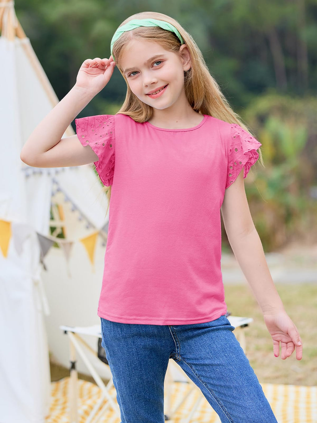 Imily Bela Girls Ruffle Sleeve Shirts Summer Crewneck Eyelet Tee Tops Casual Cute Blouse 4-15 Years