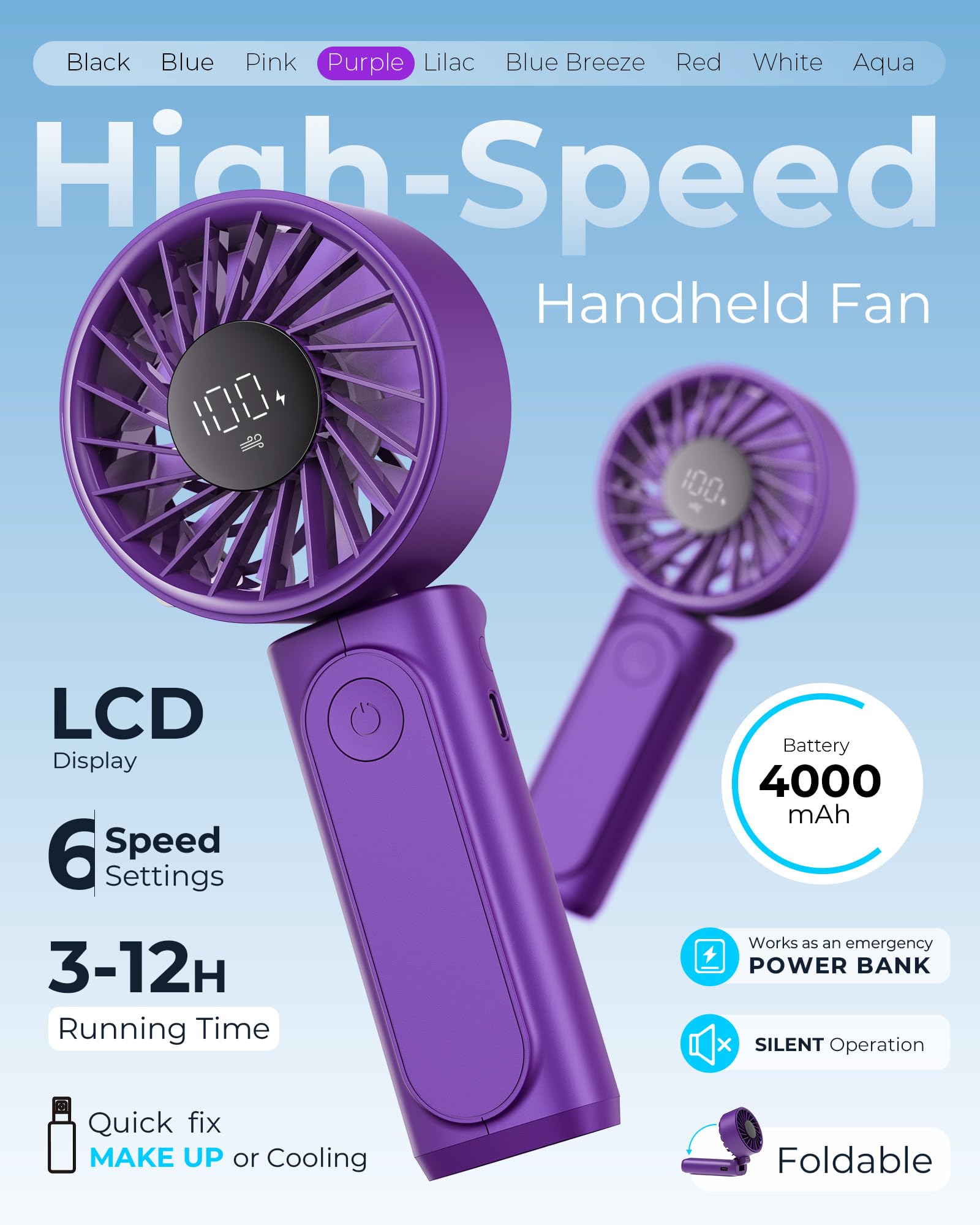 Peiyuu Handheld Fan, Portable Fan, 4000mAh Rechargeable Personal, 180° Foldable Mini Desk Fan with 6 Wind Speed, LCD Digital Display, Lanyard as Neck, Ultra Quiet, Pocket Size for Indoor Outdoor
