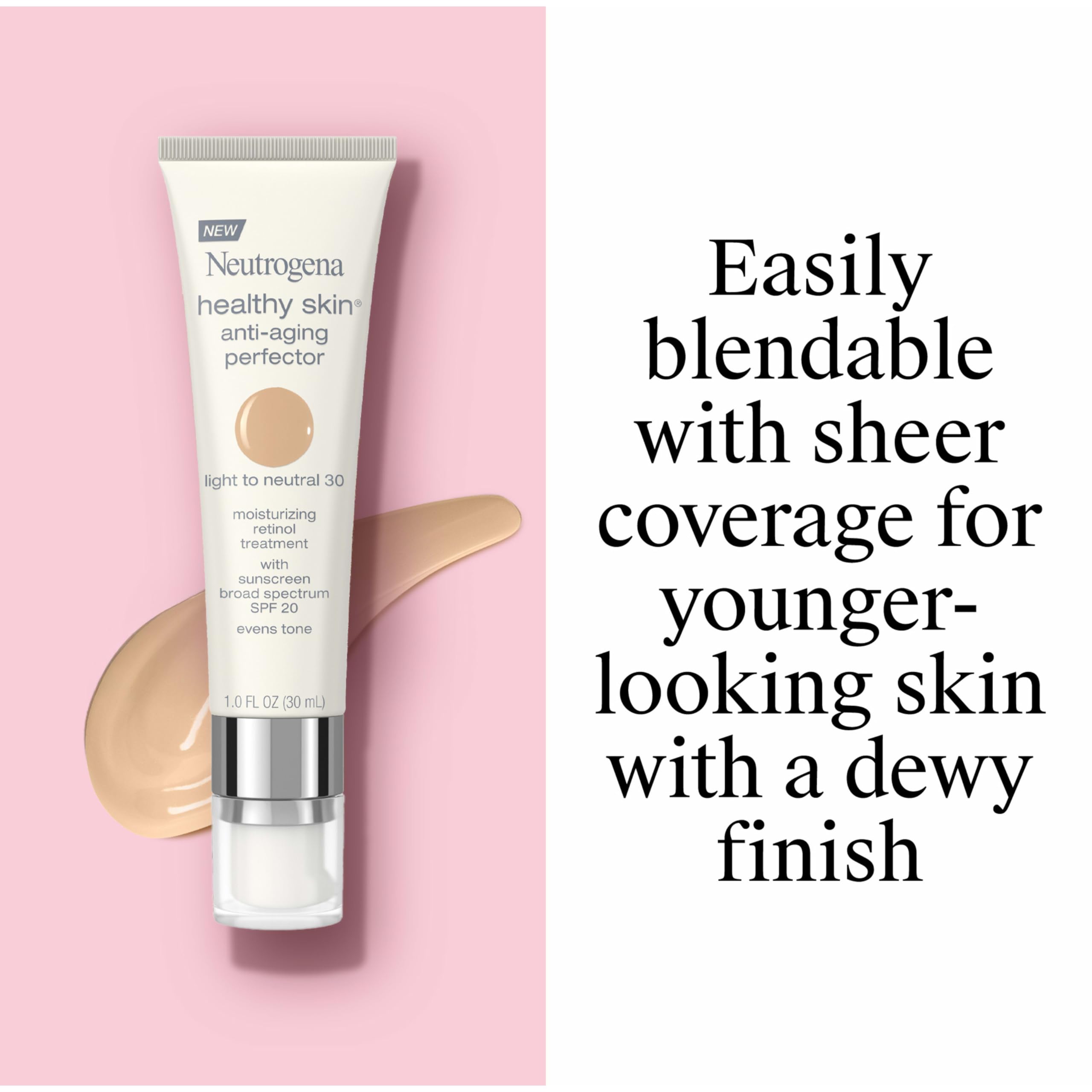 Neutrogena Healthy Skin Anti-Aging Perfector - with Retinol, Tinted Moisturizer with SPF 20 & Sheer Coverage that Smooths Skin Texture & Reduces the Look of Fine Lines, Natural to Tan (40), 1oz (30mL)
