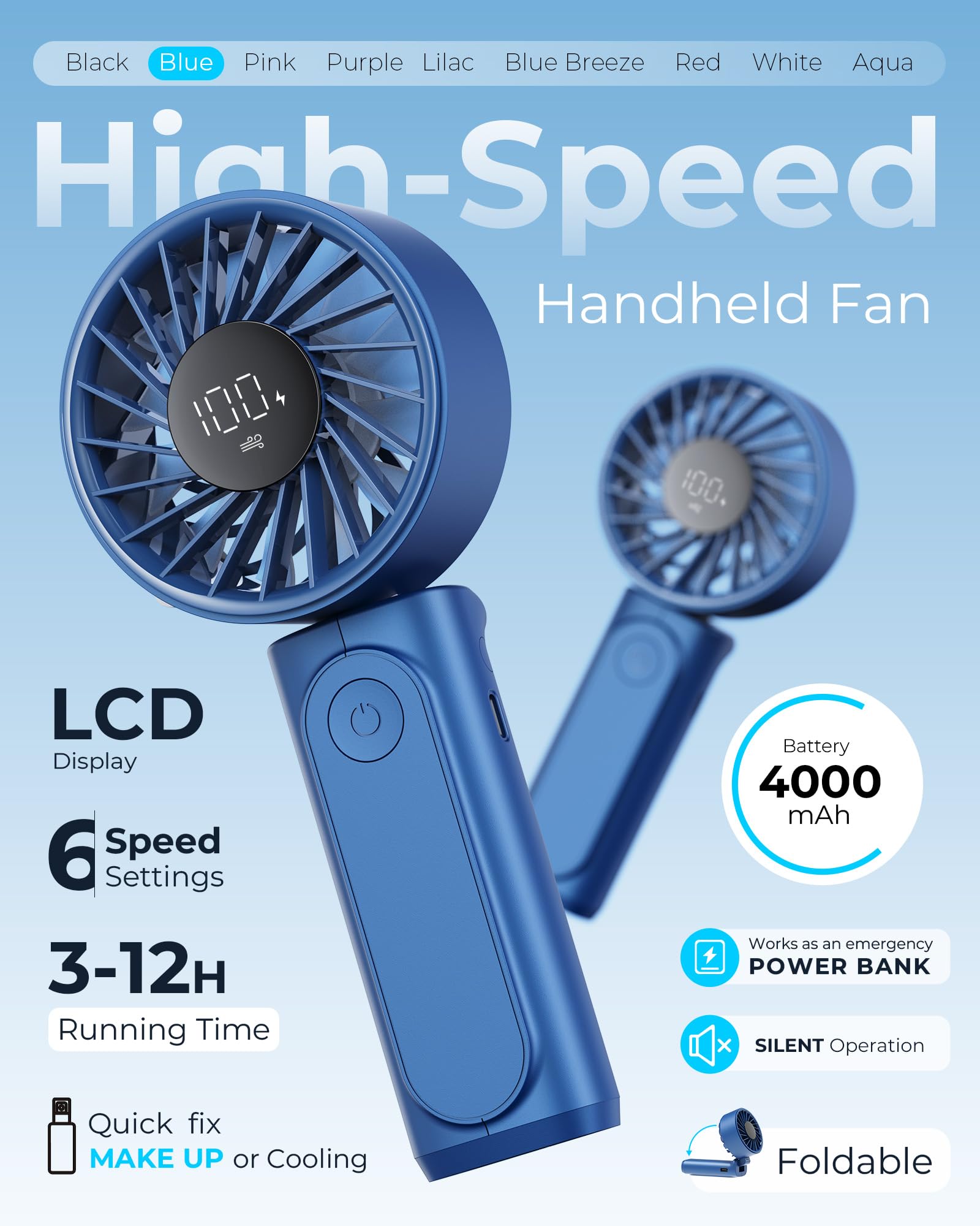 Peiyuu Handheld Fan, Portable Fan, 4000mAh Rechargeable Personal, 180° Foldable Mini Desk Fan with 6 Wind Speed, LCD Digital Display, Lanyard as Neck, Ultra Quiet, Pocket Size for Indoor Outdoor