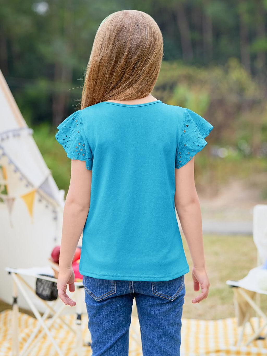 Imily Bela Girls Ruffle Sleeve Shirts Summer Crewneck Eyelet Tee Tops Casual Cute Blouse 4-15 Years