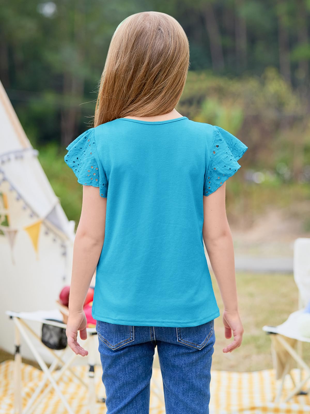 Imily Bela Girls Ruffle Sleeve Shirts Summer Crewneck Eyelet Tee Tops Casual Cute Blouse 4-15 Years