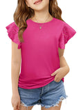 Imily Bela Girls Ruffle Sleeve Shirts Summer Crewneck Eyelet Tee Tops Casual Cute Blouse 4-15 Years