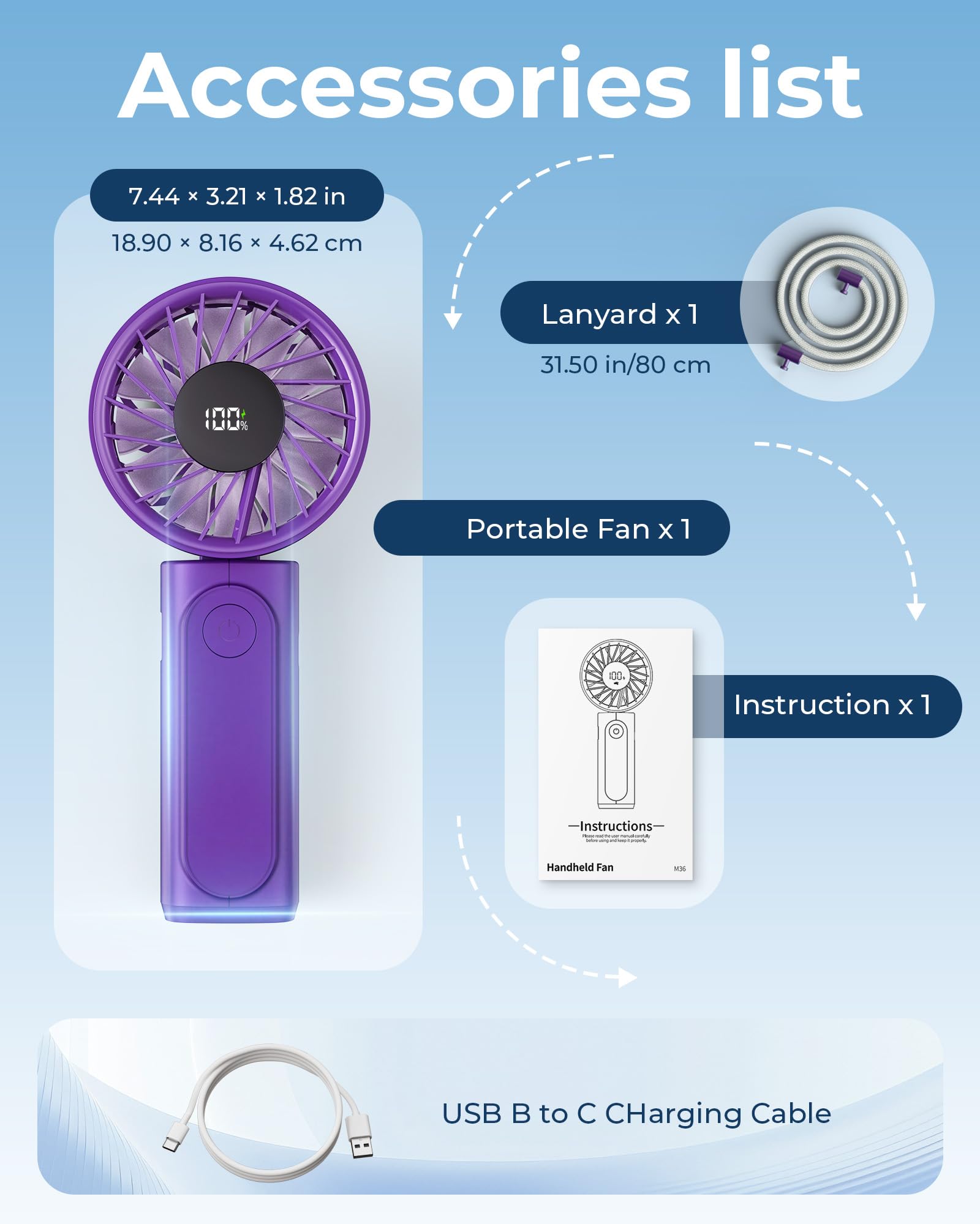 Peiyuu Handheld Fan, Portable Fan, 4000mAh Rechargeable Personal, 180° Foldable Mini Desk Fan with 6 Wind Speed, LCD Digital Display, Lanyard as Neck, Ultra Quiet, Pocket Size for Indoor Outdoor