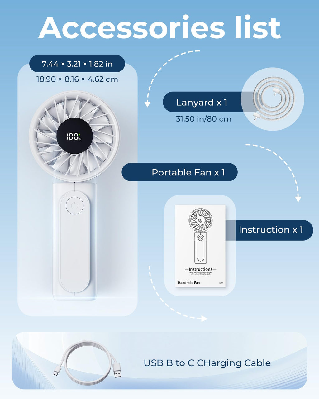 Peiyuu Handheld Fan, Portable Fan, 4000mAh Rechargeable Personal, 180° Foldable Mini Desk Fan with 6 Wind Speed, LCD Digital Display, Lanyard as Neck, Ultra Quiet, Pocket Size for Indoor Outdoor