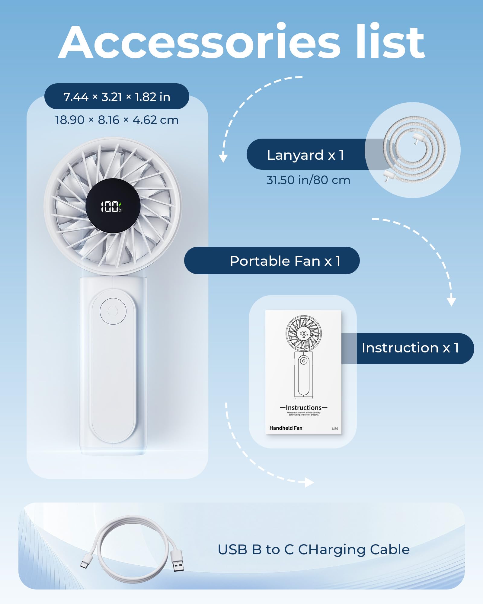 Peiyuu Handheld Fan, Portable Fan, 4000mAh Rechargeable Personal, 180° Foldable Mini Desk Fan with 6 Wind Speed, LCD Digital Display, Lanyard as Neck, Ultra Quiet, Pocket Size for Indoor Outdoor