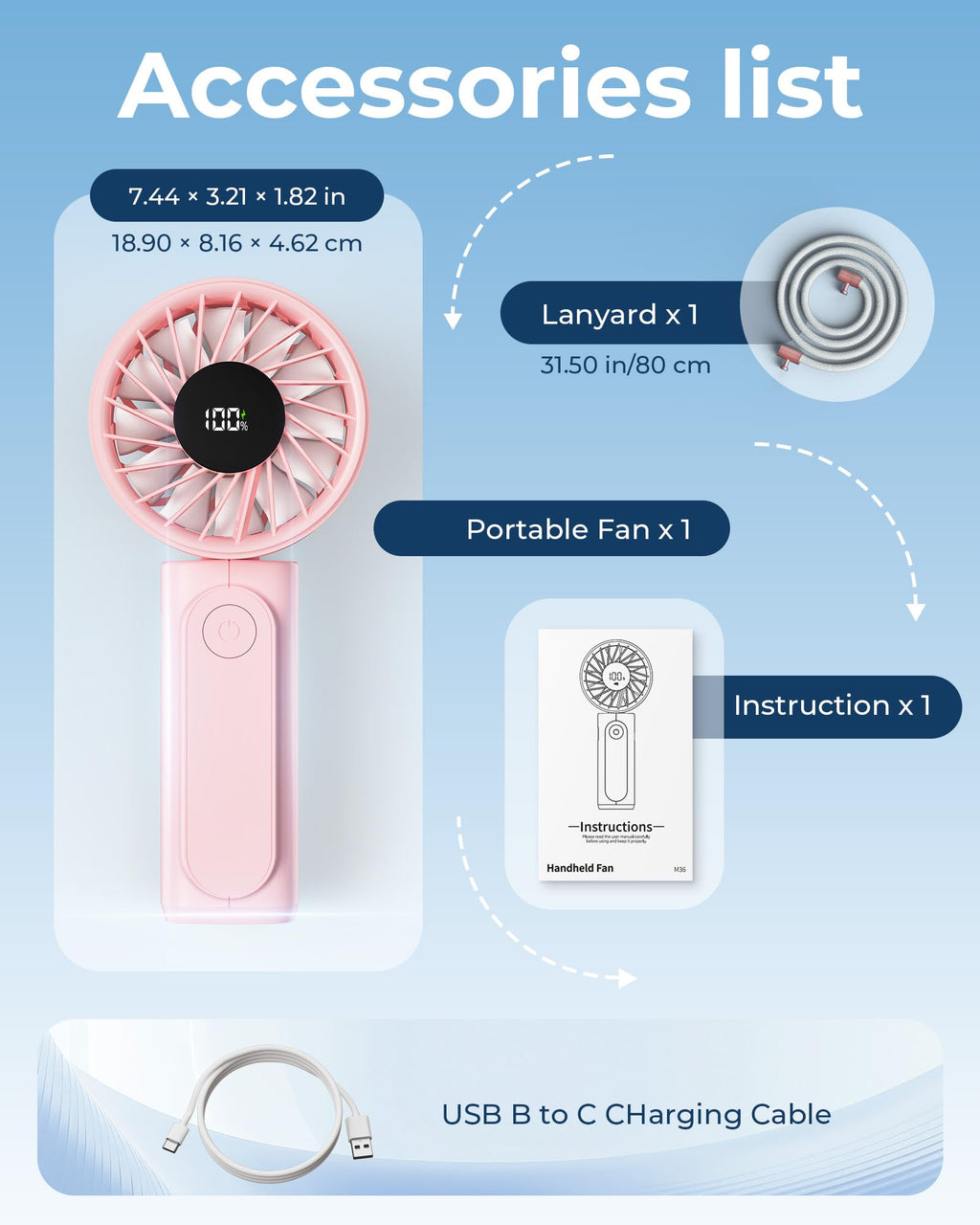 Peiyuu Handheld Fan, Portable Fan, 4000mAh Rechargeable Personal, 180° Foldable Mini Desk Fan with 6 Wind Speed, LCD Digital Display, Lanyard as Neck, Ultra Quiet, Pocket Size for Indoor Outdoor