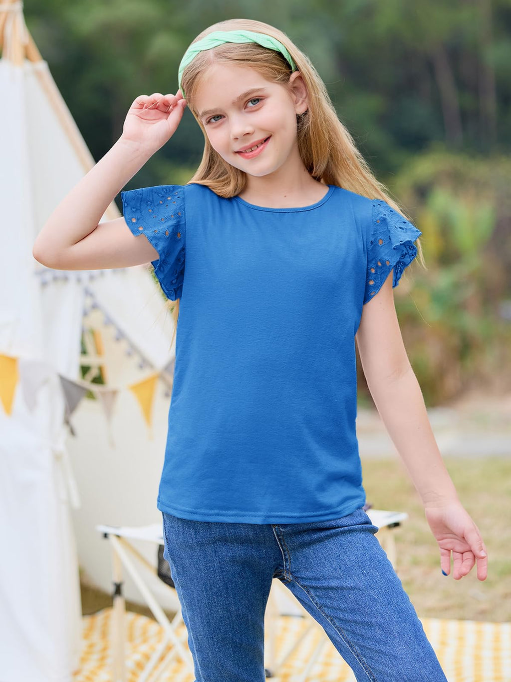 Imily Bela Girls Ruffle Sleeve Shirts Summer Crewneck Eyelet Tee Tops Casual Cute Blouse 4-15 Years