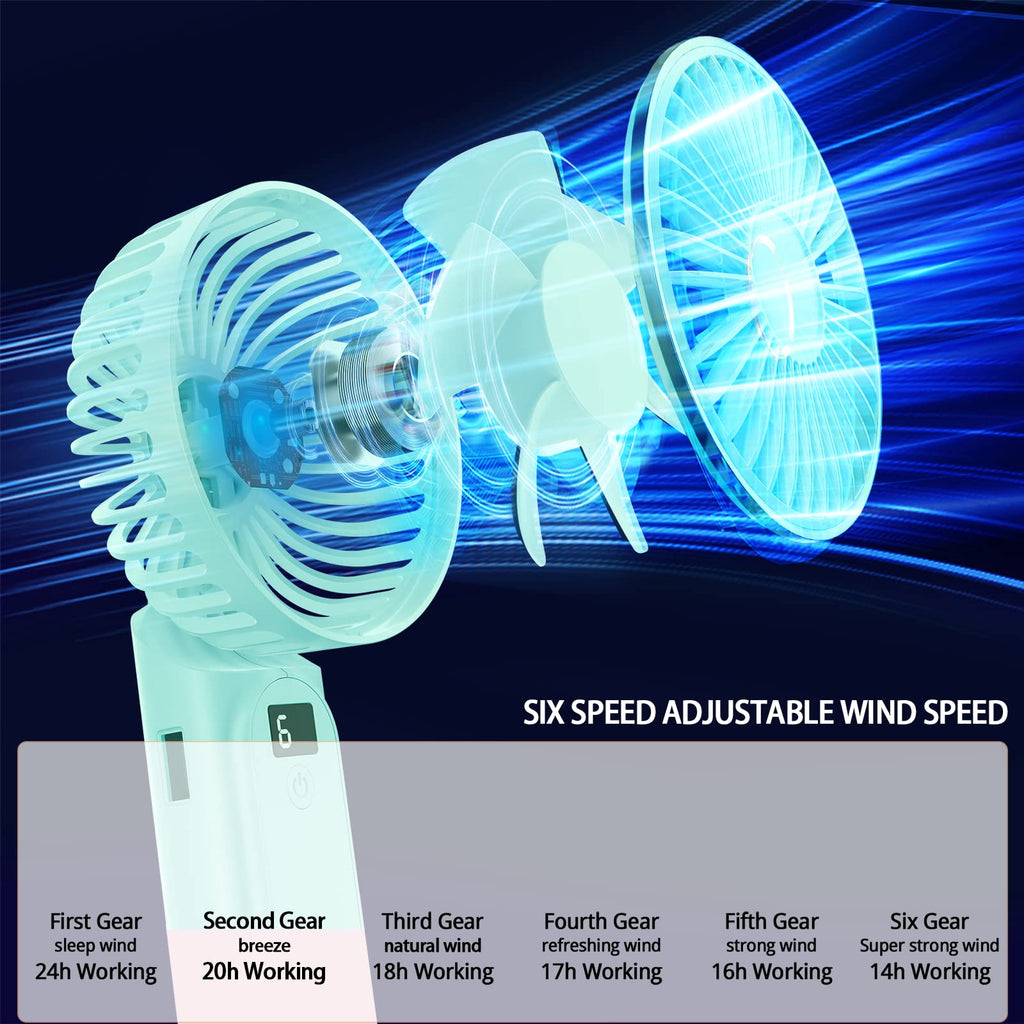 Peiyuu Handheld Fan, Portable Fan, 4000mAh Rechargeable Personal, 180° Foldable Mini Desk Fan with 6 Wind Speed, LCD Digital Display, Lanyard as Neck, Ultra Quiet, Pocket Size for Indoor Outdoor