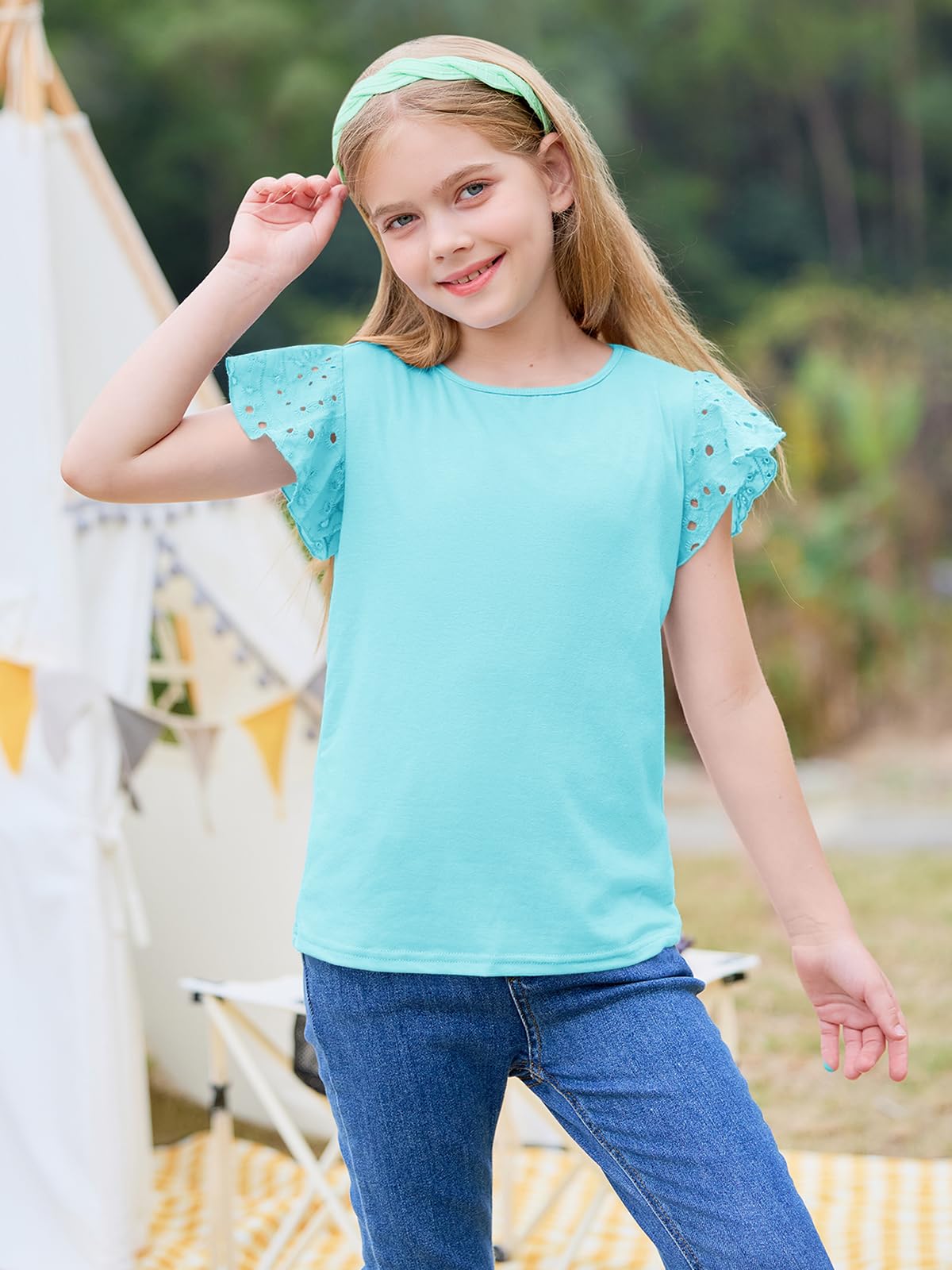 Imily Bela Girls Ruffle Sleeve Shirts Summer Crewneck Eyelet Tee Tops Casual Cute Blouse 4-15 Years