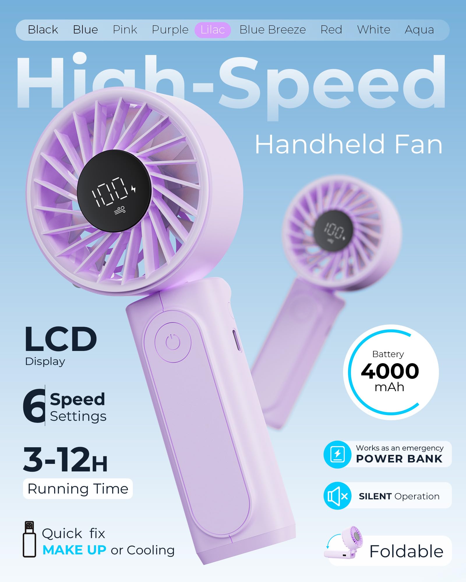 Peiyuu Handheld Fan, Portable Fan, 4000mAh Rechargeable Personal, 180° Foldable Mini Desk Fan with 6 Wind Speed, LCD Digital Display, Lanyard as Neck, Ultra Quiet, Pocket Size for Indoor Outdoor