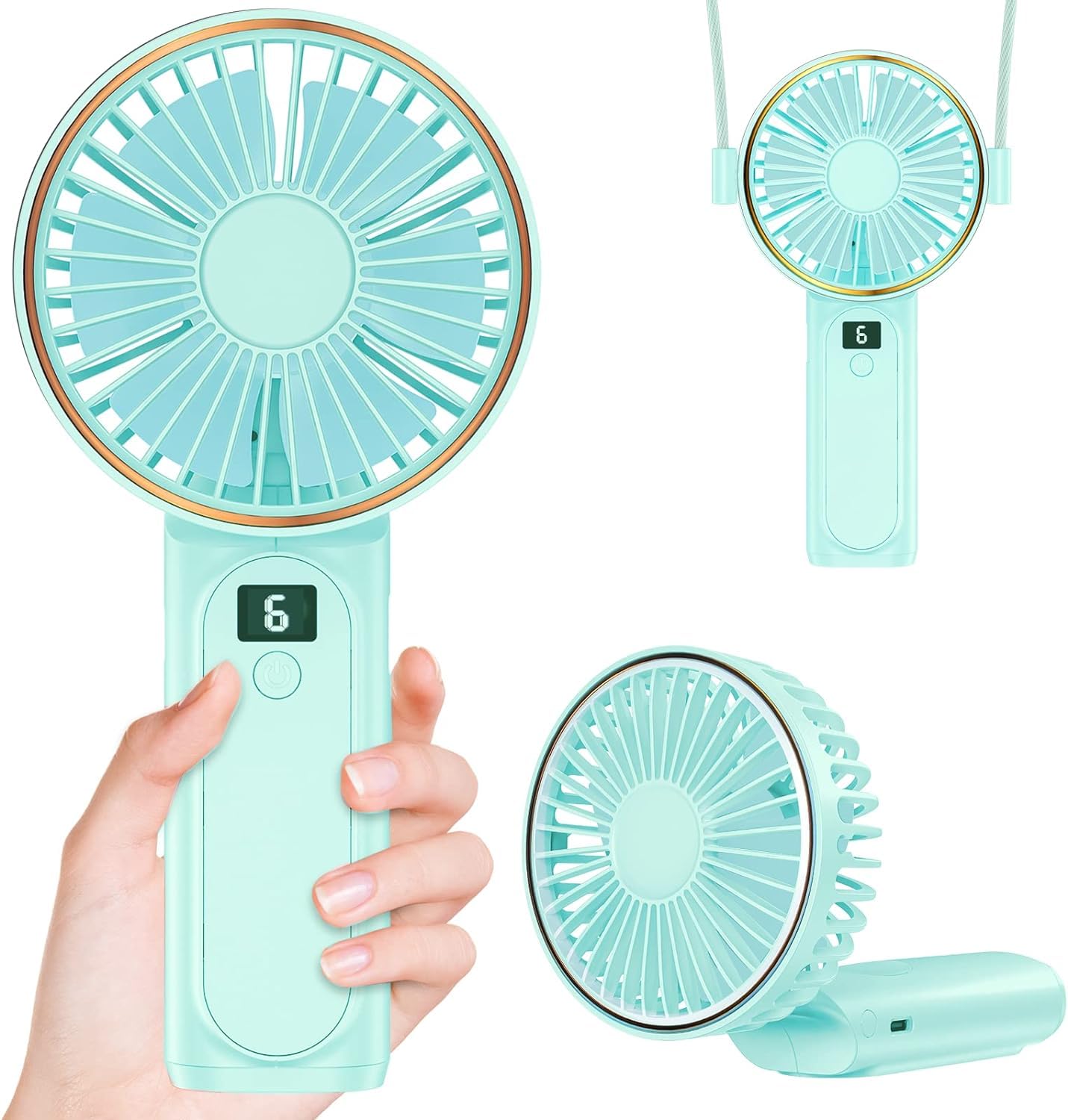 Peiyuu Handheld Fan, Portable Fan, 4000mAh Rechargeable Personal, 180° Foldable Mini Desk Fan with 6 Wind Speed, LCD Digital Display, Lanyard as Neck, Ultra Quiet, Pocket Size for Indoor Outdoor