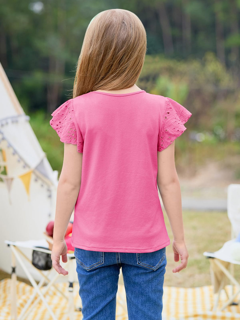 Imily Bela Girls Ruffle Sleeve Shirts Summer Crewneck Eyelet Tee Tops Casual Cute Blouse 4-15 Years