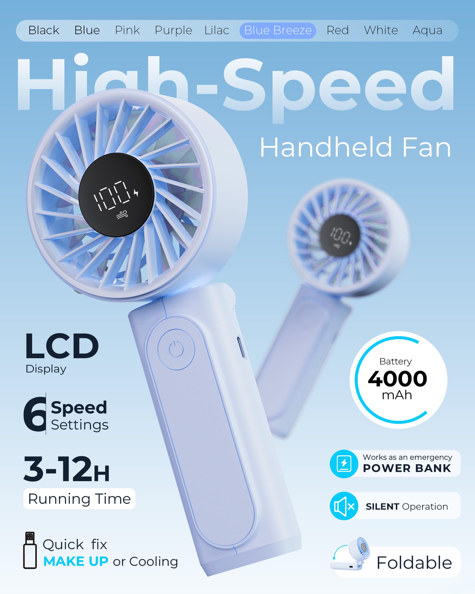 Peiyuu Handheld Fan, Portable Fan, 4000mAh Rechargeable Personal, 180° Foldable Mini Desk Fan with 6 Wind Speed, LCD Digital Display, Lanyard as Neck, Ultra Quiet, Pocket Size for Indoor Outdoor