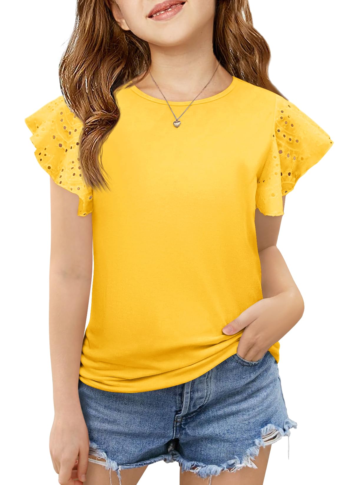Imily Bela Girls Ruffle Sleeve Shirts Summer Crewneck Eyelet Tee Tops Casual Cute Blouse 4-15 Years