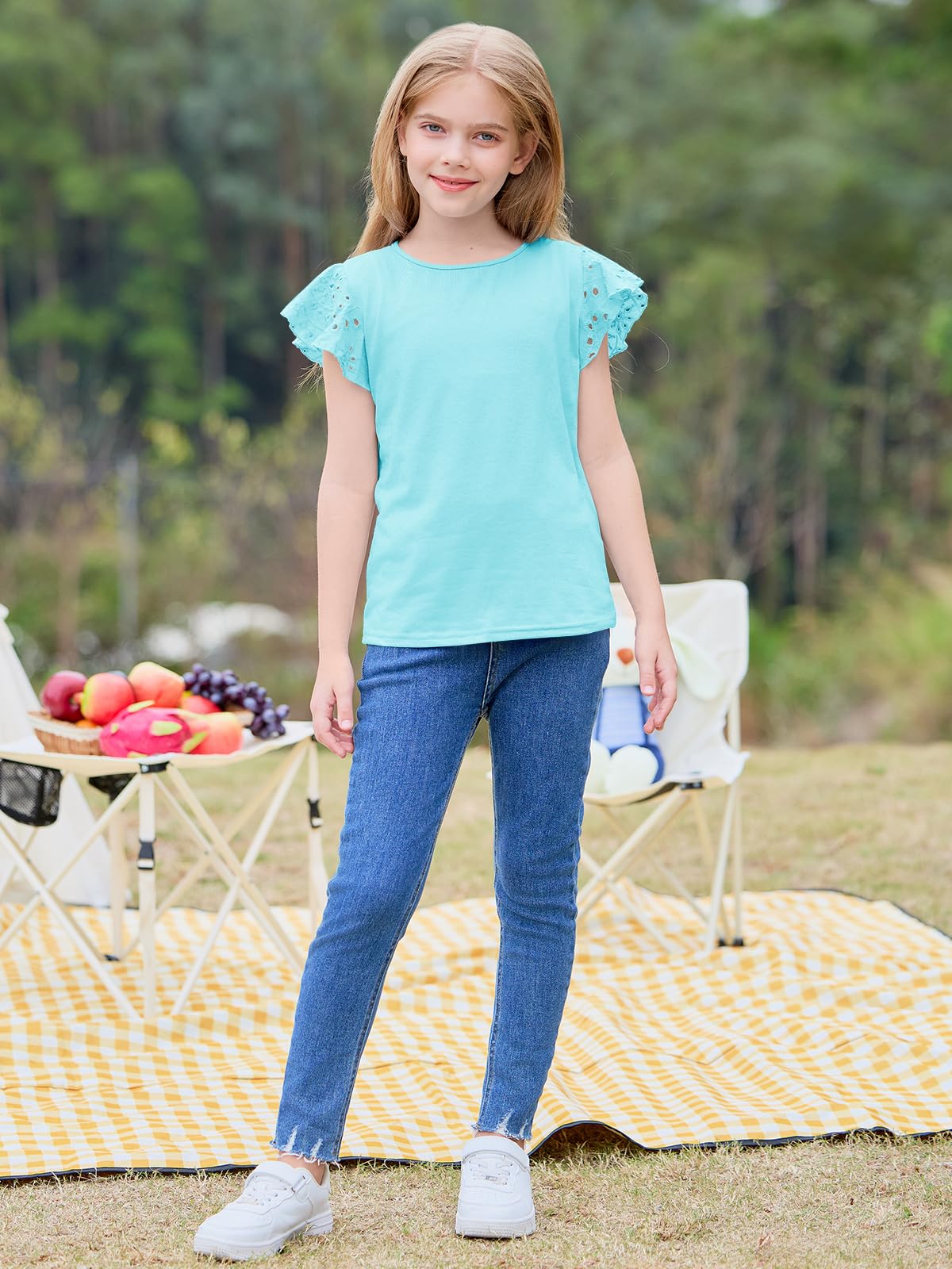 Imily Bela Girls Ruffle Sleeve Shirts Summer Crewneck Eyelet Tee Tops Casual Cute Blouse 4-15 Years