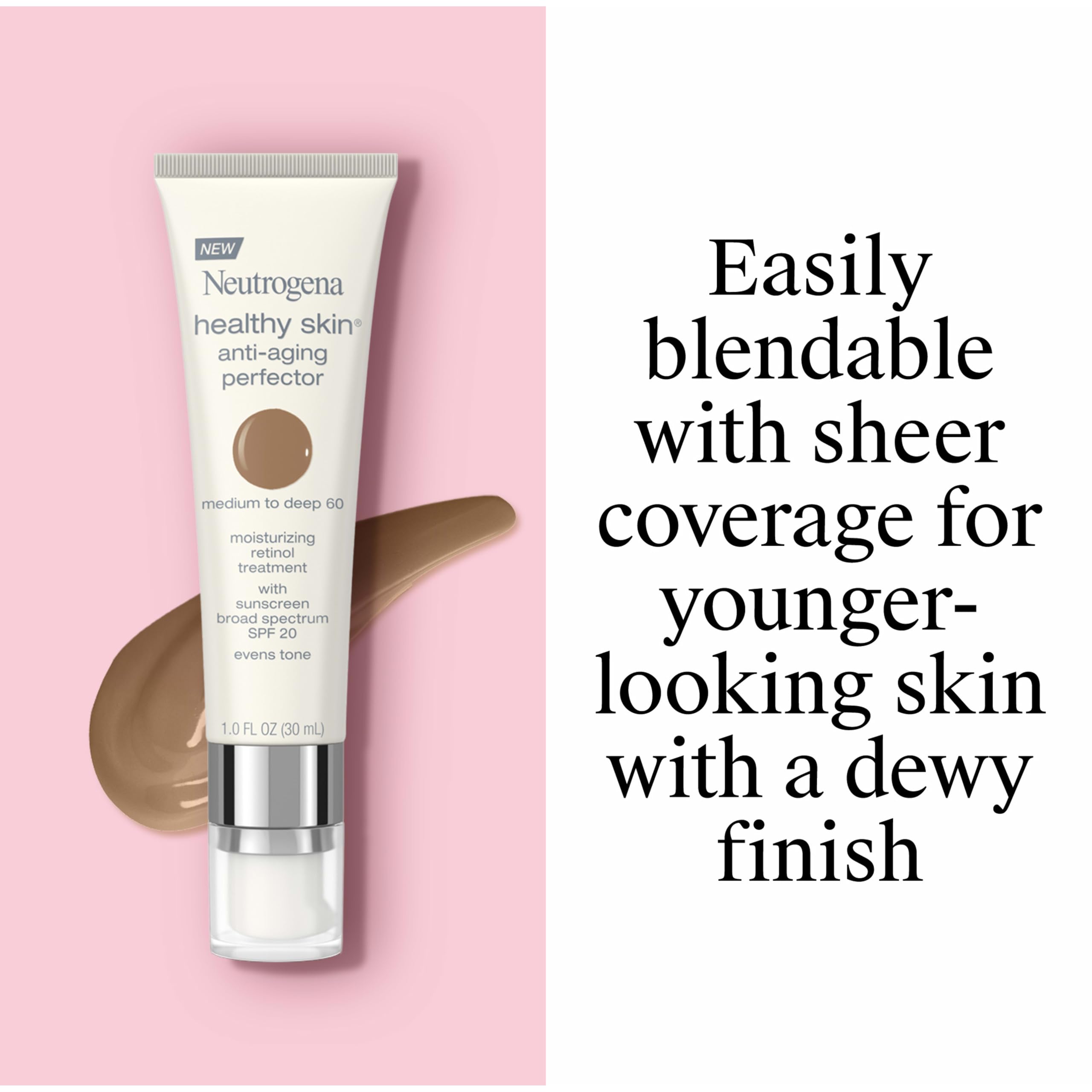 Neutrogena Healthy Skin Anti-Aging Perfector - with Retinol, Tinted Moisturizer with SPF 20 & Sheer Coverage that Smooths Skin Texture & Reduces the Look of Fine Lines, Natural to Tan (40), 1oz (30mL)