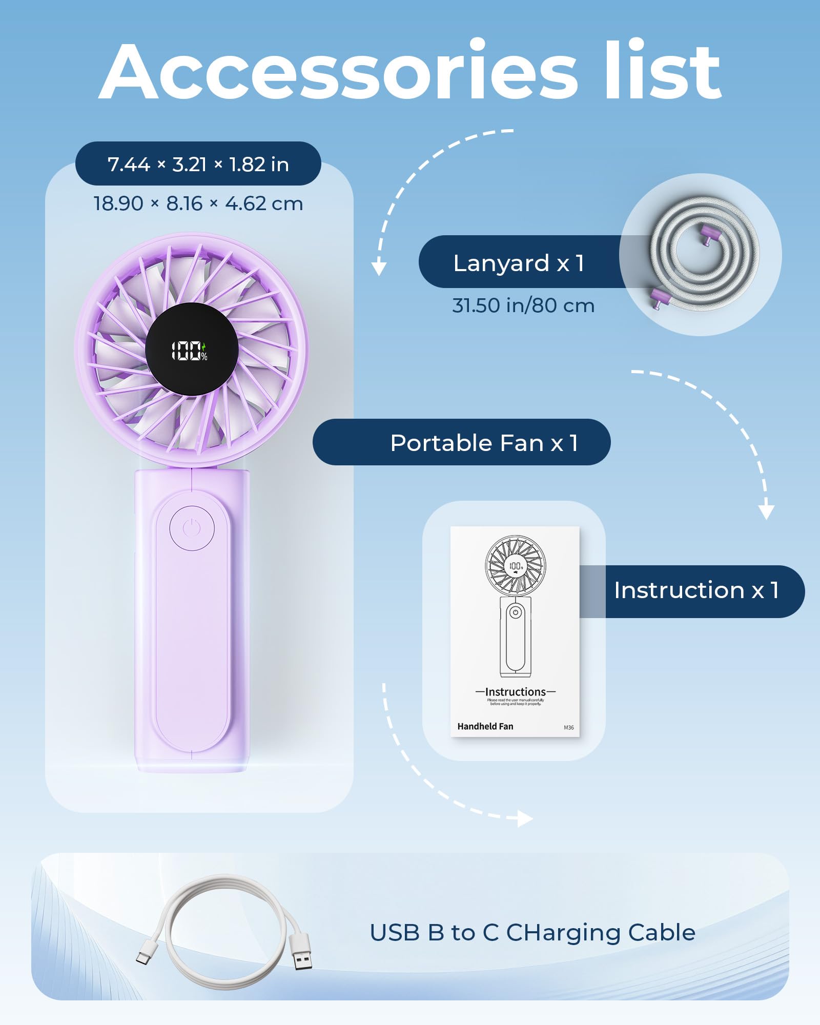 Peiyuu Handheld Fan, Portable Fan, 4000mAh Rechargeable Personal, 180° Foldable Mini Desk Fan with 6 Wind Speed, LCD Digital Display, Lanyard as Neck, Ultra Quiet, Pocket Size for Indoor Outdoor