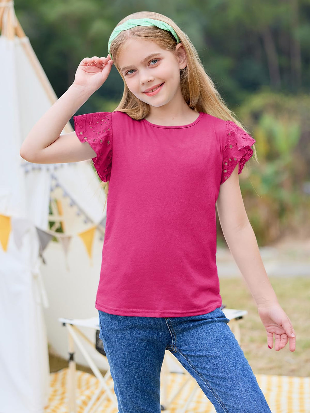 Imily Bela Girls Ruffle Sleeve Shirts Summer Crewneck Eyelet Tee Tops Casual Cute Blouse 4-15 Years
