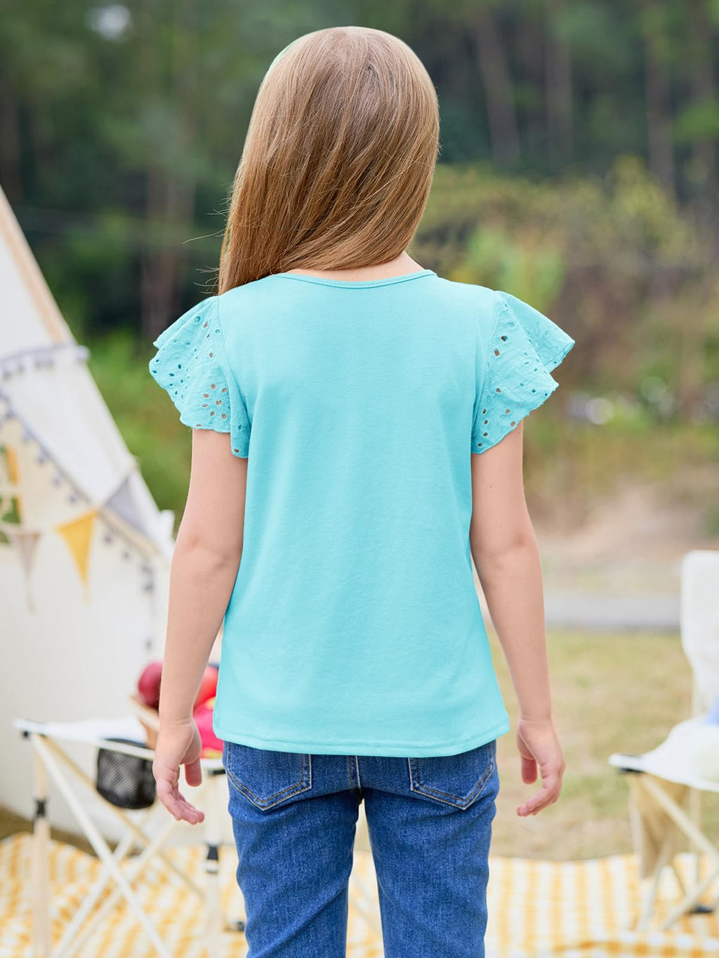 Imily Bela Girls Ruffle Sleeve Shirts Summer Crewneck Eyelet Tee Tops Casual Cute Blouse 4-15 Years