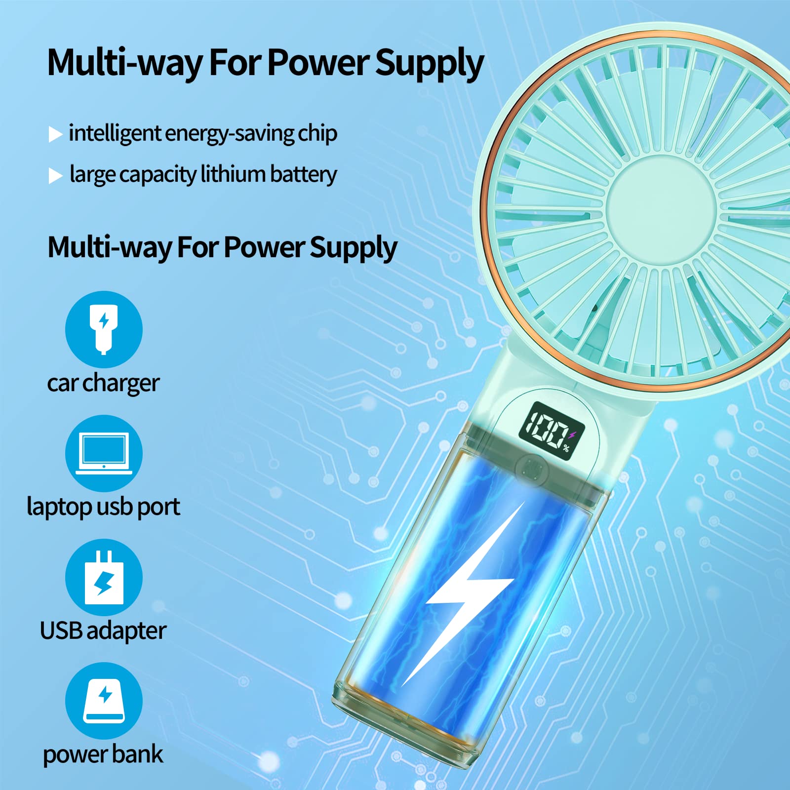 Peiyuu Handheld Fan, Portable Fan, 4000mAh Rechargeable Personal, 180° Foldable Mini Desk Fan with 6 Wind Speed, LCD Digital Display, Lanyard as Neck, Ultra Quiet, Pocket Size for Indoor Outdoor