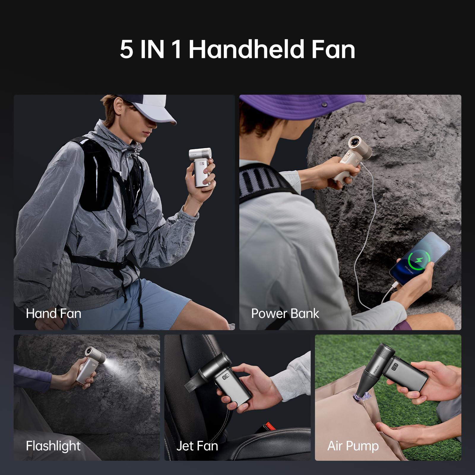 JISULIFE Portable Handheld Fan Ultra2 9000mAh, Max 25 Hrs, 5 IN 1, 100 Speed Turbo Fan, Rechargeable 18W Power Bank with Flashlight, Metal Shell Multi-Function Travel Essentials Gifts for Men-Grey