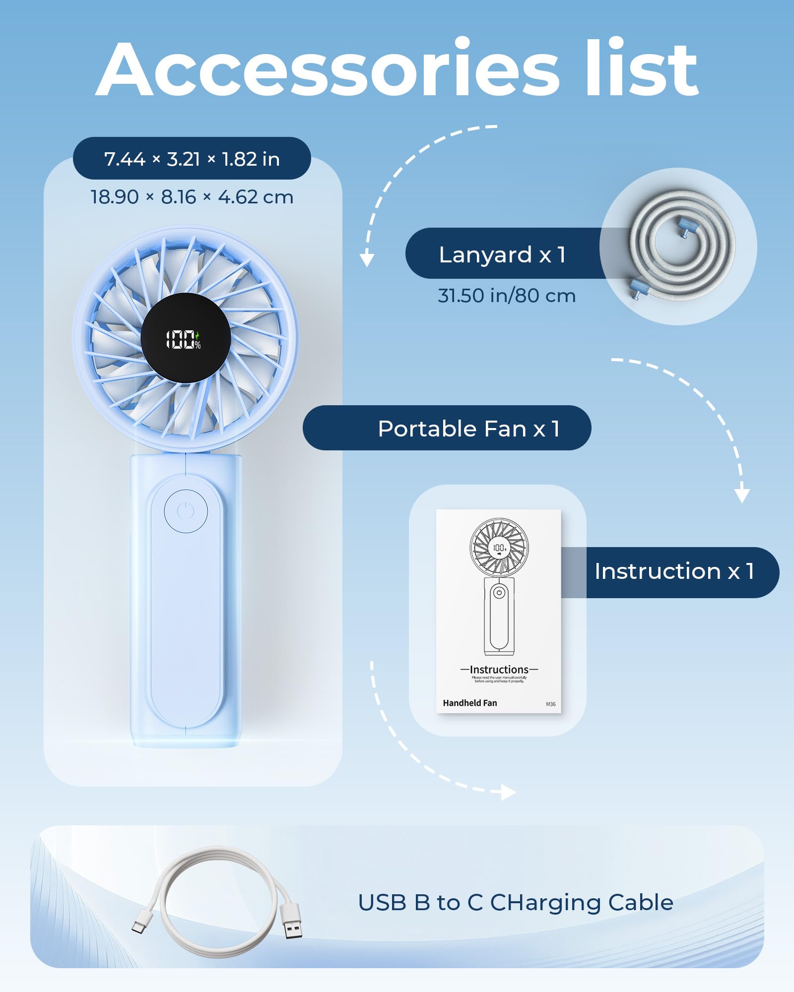 Peiyuu Handheld Fan, Portable Fan, 4000mAh Rechargeable Personal, 180° Foldable Mini Desk Fan with 6 Wind Speed, LCD Digital Display, Lanyard as Neck, Ultra Quiet, Pocket Size for Indoor Outdoor