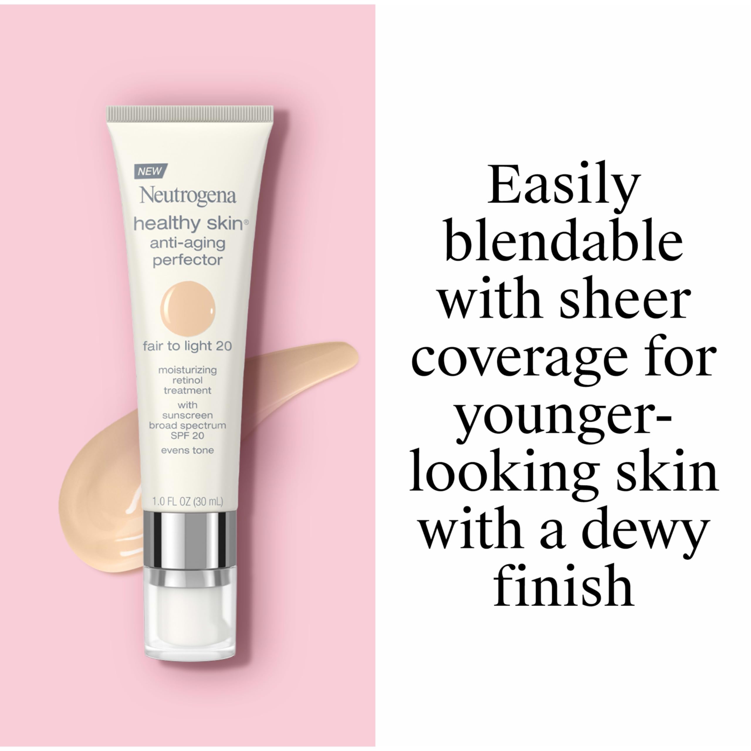 Neutrogena Healthy Skin Anti-Aging Perfector - with Retinol, Tinted Moisturizer with SPF 20 & Sheer Coverage that Smooths Skin Texture & Reduces the Look of Fine Lines, Natural to Tan (40), 1oz (30mL)