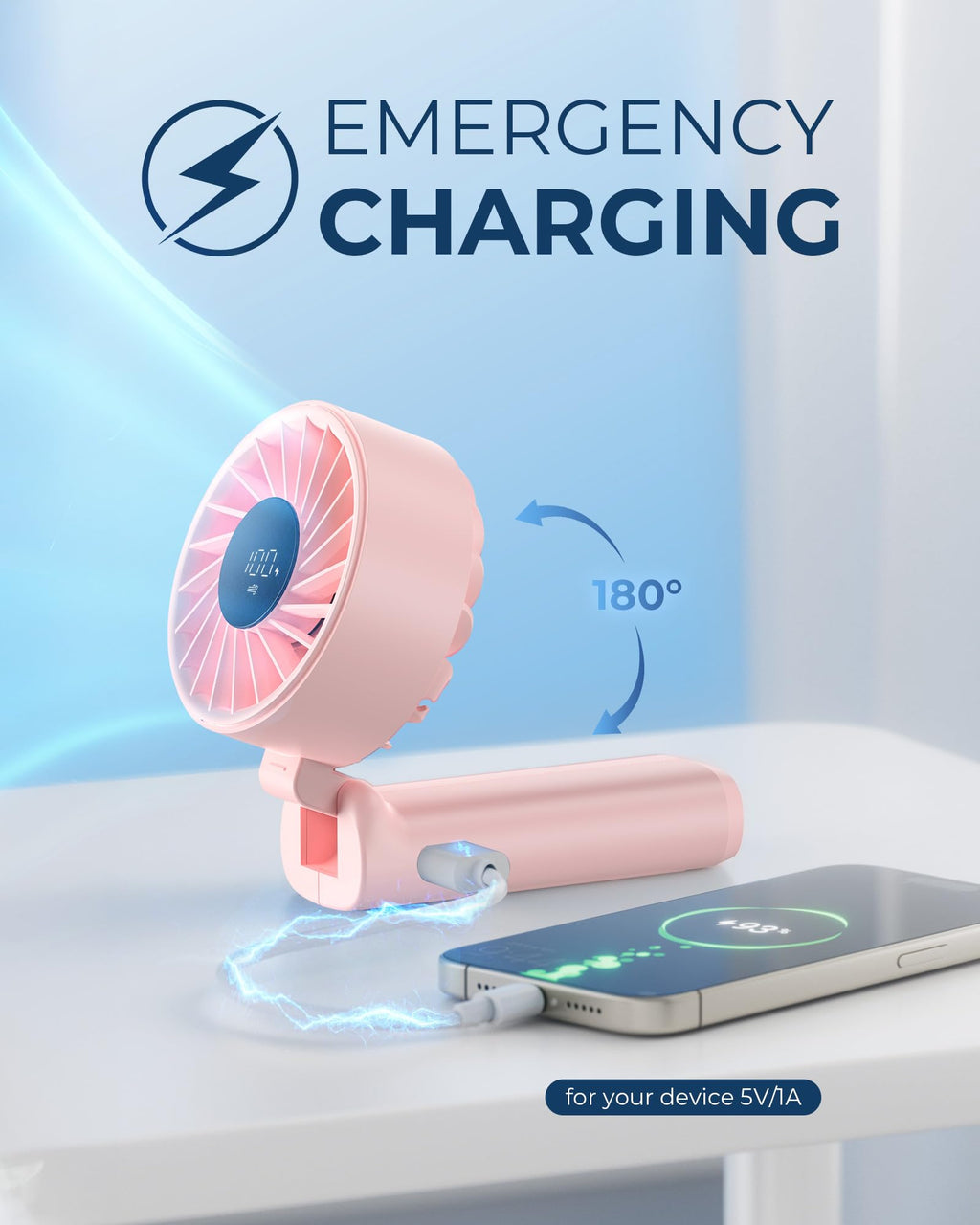 Peiyuu Handheld Fan, Portable Fan, 4000mAh Rechargeable Personal, 180° Foldable Mini Desk Fan with 6 Wind Speed, LCD Digital Display, Lanyard as Neck, Ultra Quiet, Pocket Size for Indoor Outdoor