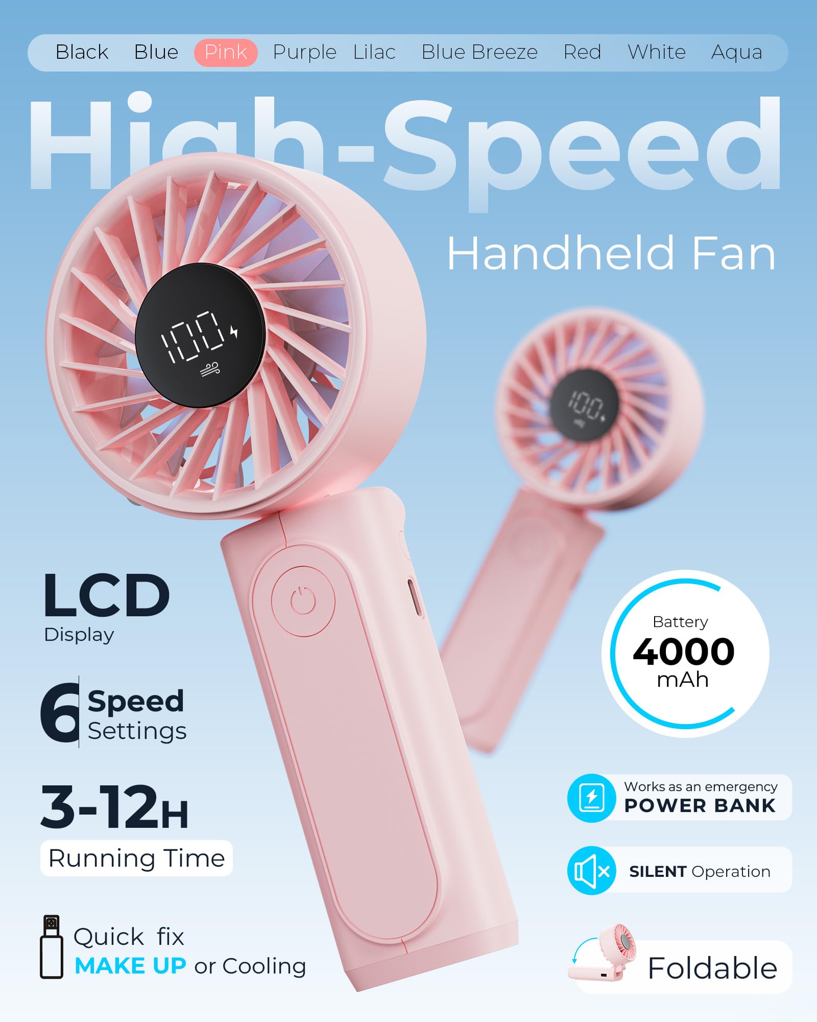 Peiyuu Handheld Fan, Portable Fan, 4000mAh Rechargeable Personal, 180° Foldable Mini Desk Fan with 6 Wind Speed, LCD Digital Display, Lanyard as Neck, Ultra Quiet, Pocket Size for Indoor Outdoor