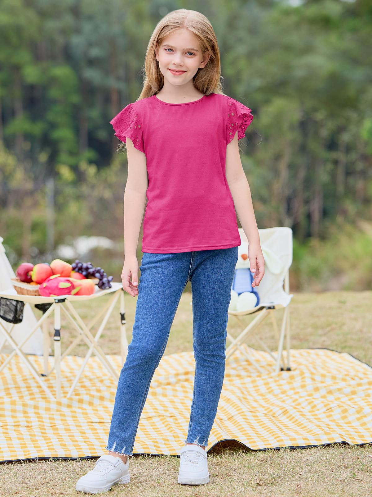 Imily Bela Girls Ruffle Sleeve Shirts Summer Crewneck Eyelet Tee Tops Casual Cute Blouse 4-15 Years