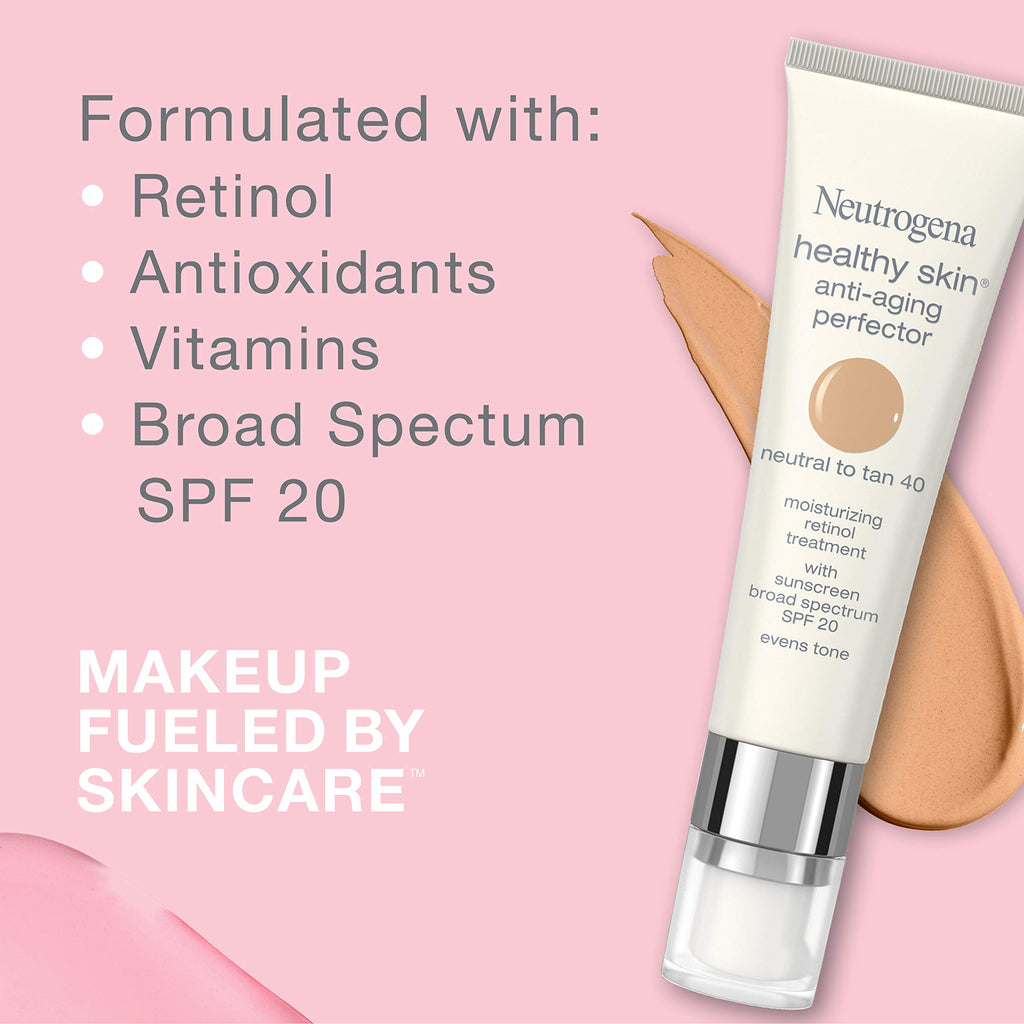 Neutrogena Healthy Skin Anti-Aging Perfector - with Retinol, Tinted Moisturizer with SPF 20 & Sheer Coverage that Smooths Skin Texture & Reduces the Look of Fine Lines, Natural to Tan (40), 1oz (30mL)